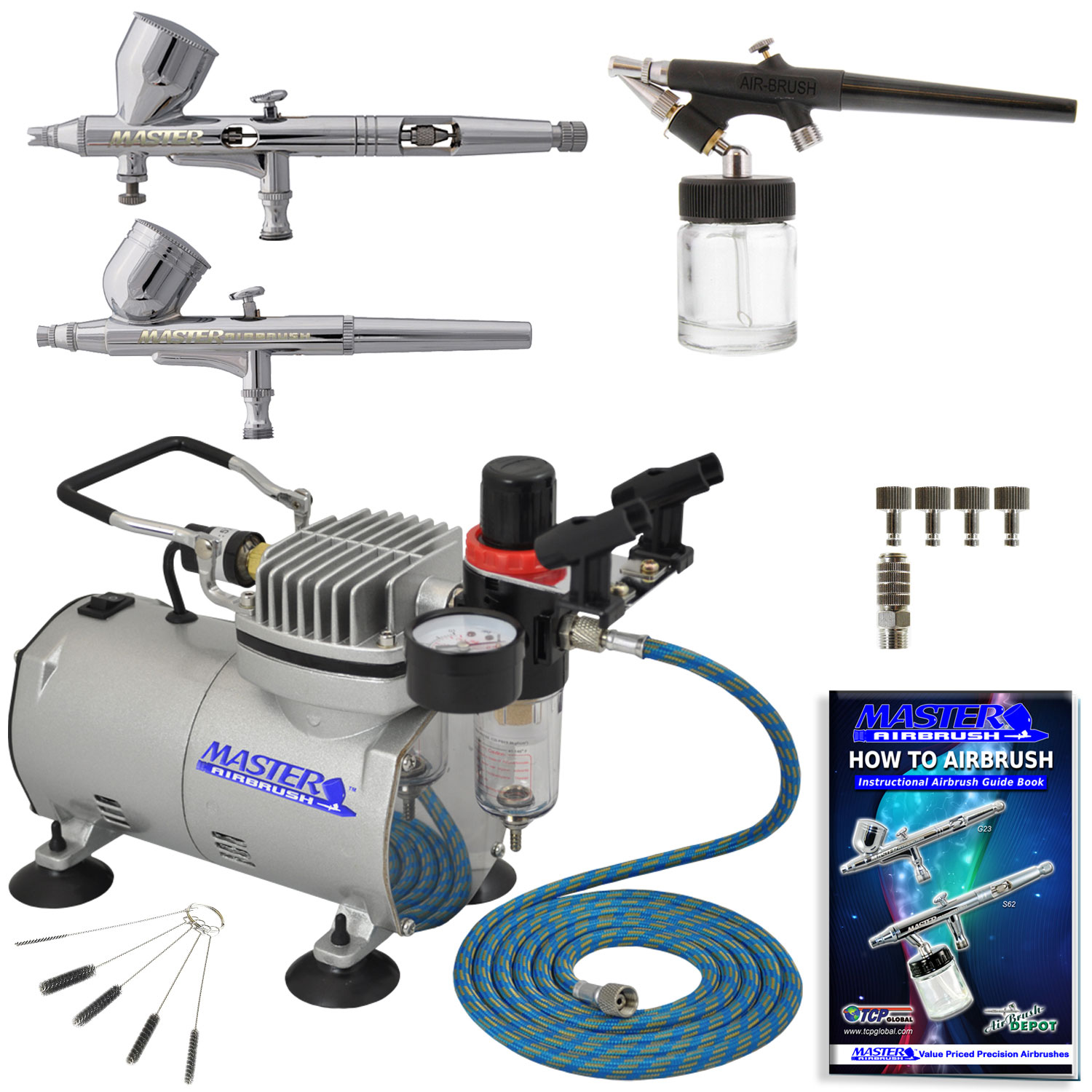 Pro 0.2 Fine Detail 3 Airbrush Compressor Set Kt DualAction Nail Art