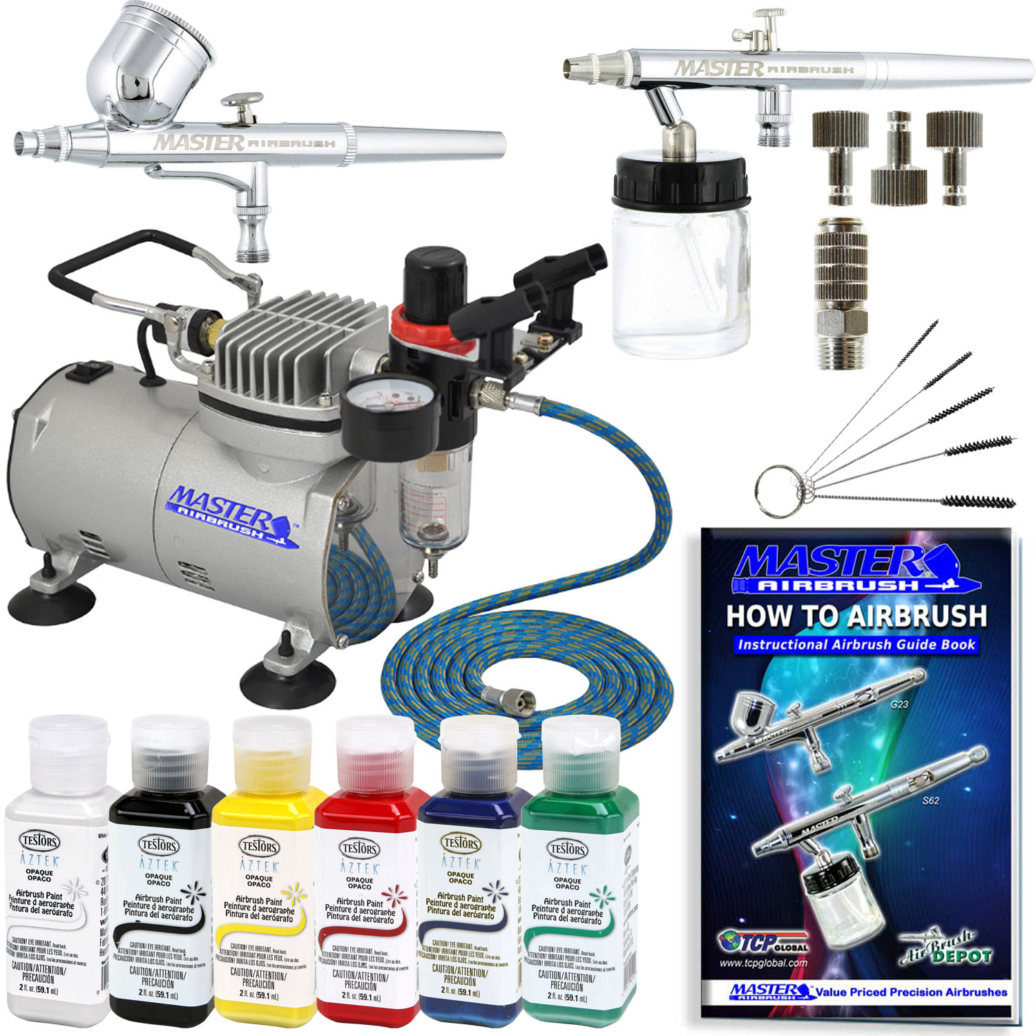 2 AIRBRUSH SYSTEM KIT w/ 6 Primary Testors Aztek Paint Color Set, Air