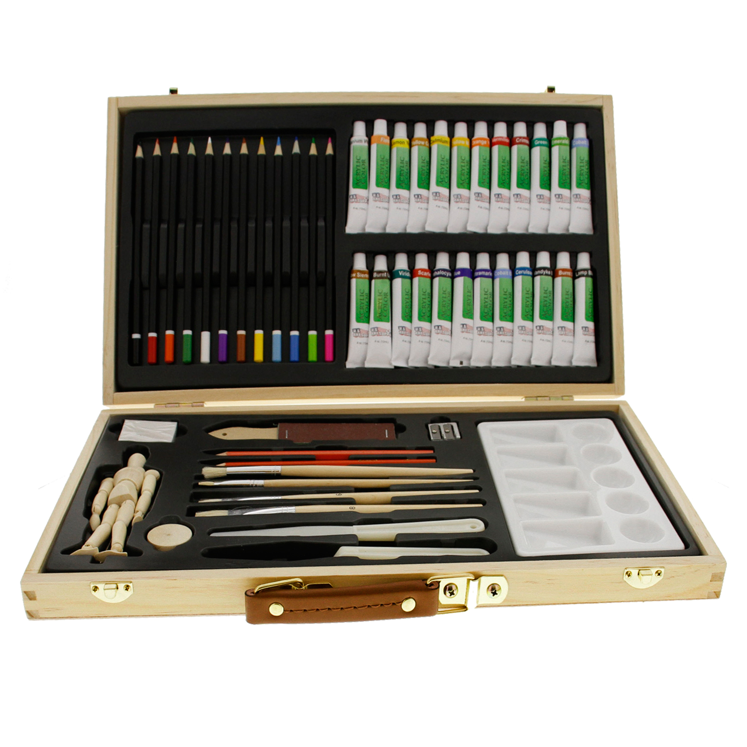US Art Supply 50 Piece Acrylic Painting Set with Wooden Artist Storage