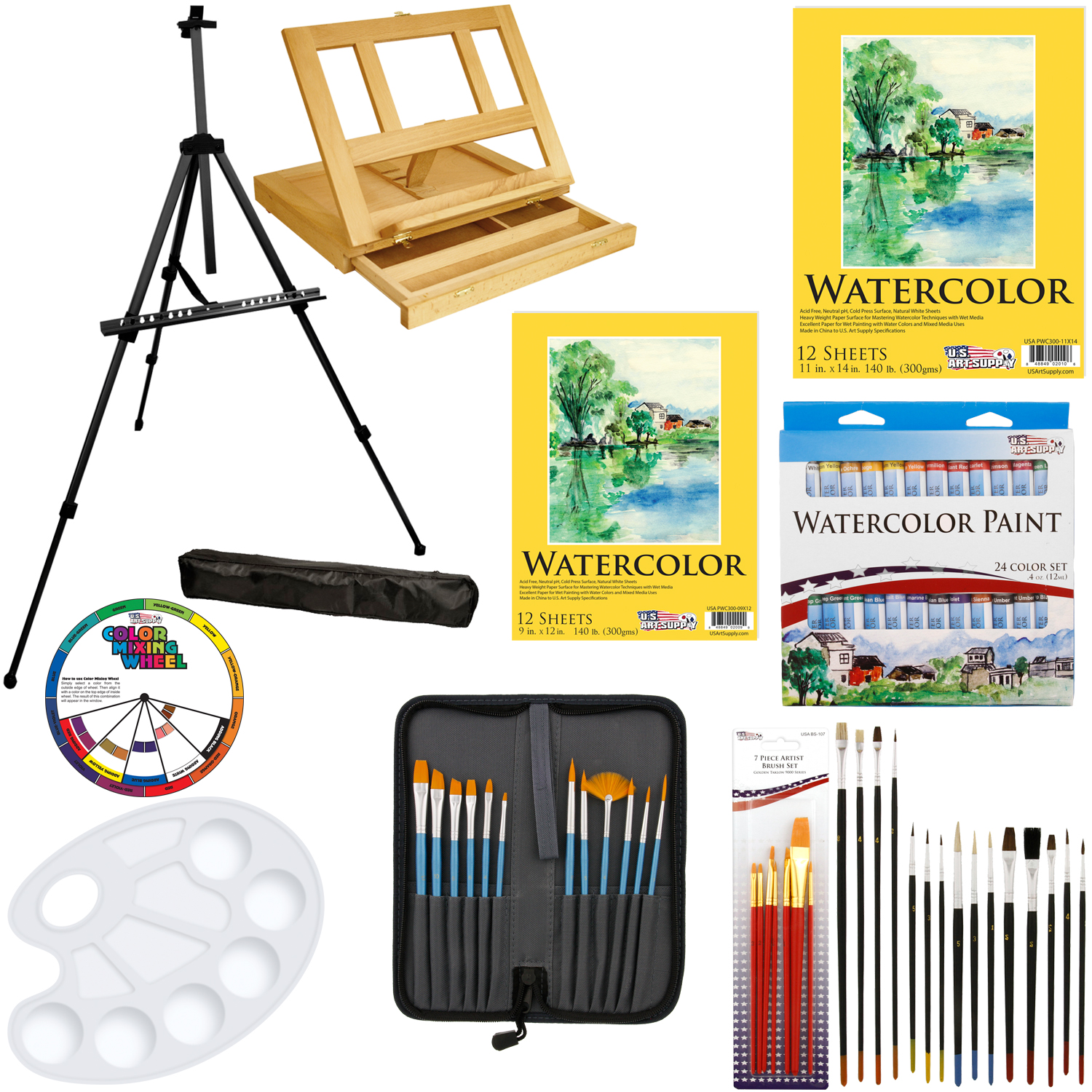 69pc Deluxe Watercolor Paint Set with Table & Field Easel Paint Pads