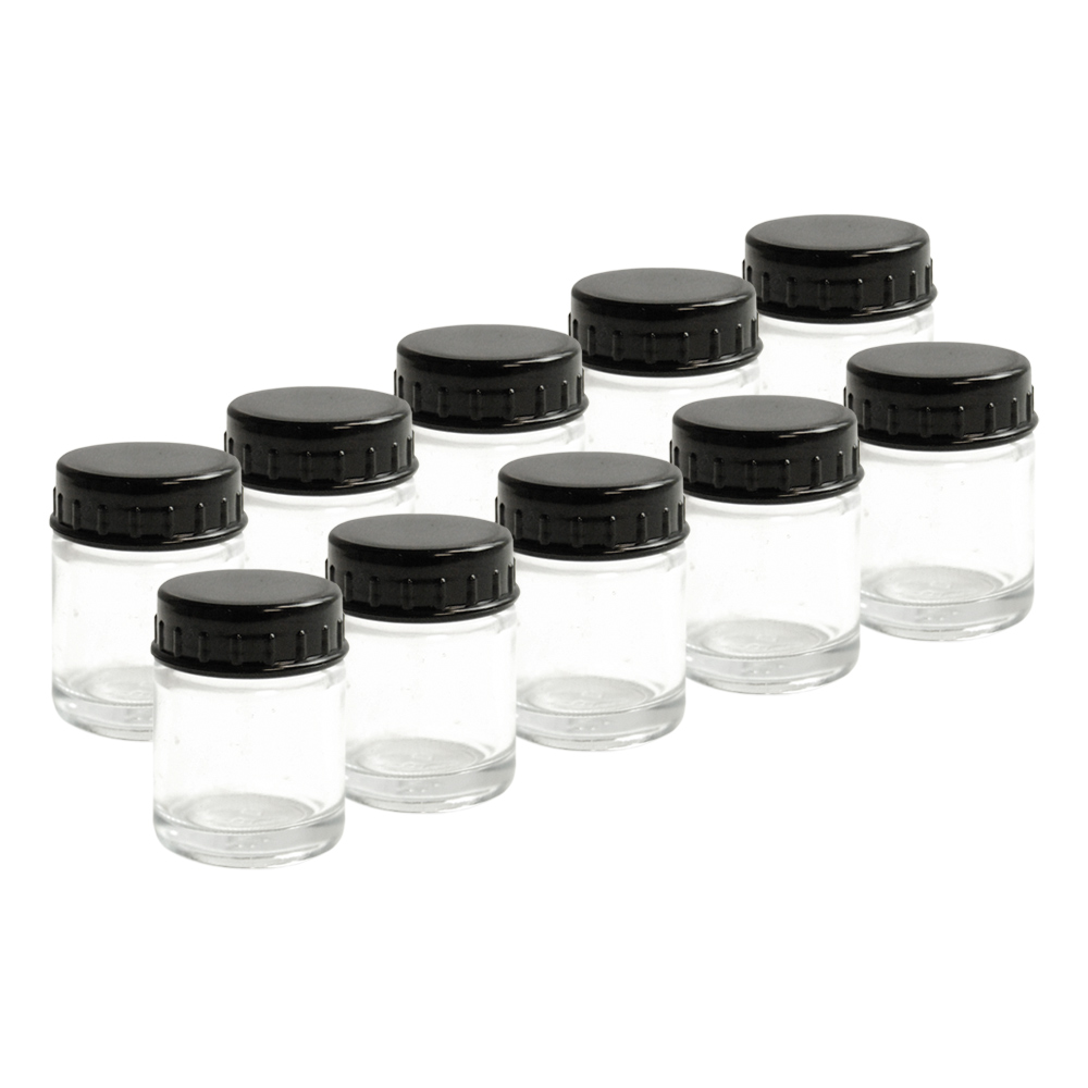 10 Glass 3/4oz 22cc AIRBRUSH BOTTLES JARS w/ LIDS CAPS Paint Siphon