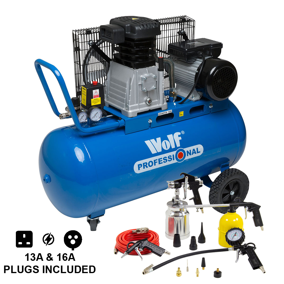 Wolf 100 Air Compressor 3hp 10bar 14cfm Belt Driven + 13pc Air Tool Kit