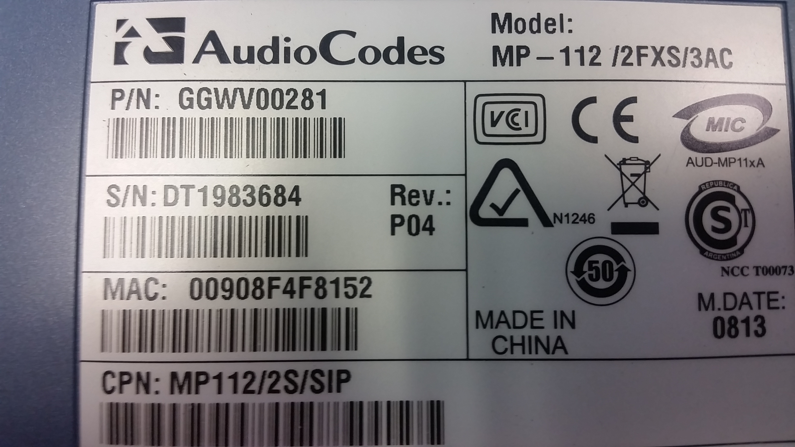 AUDIOCODES MEDIAPACK MP112 ANALOG VOIP GATEWAY MP112/2FXS/3AC