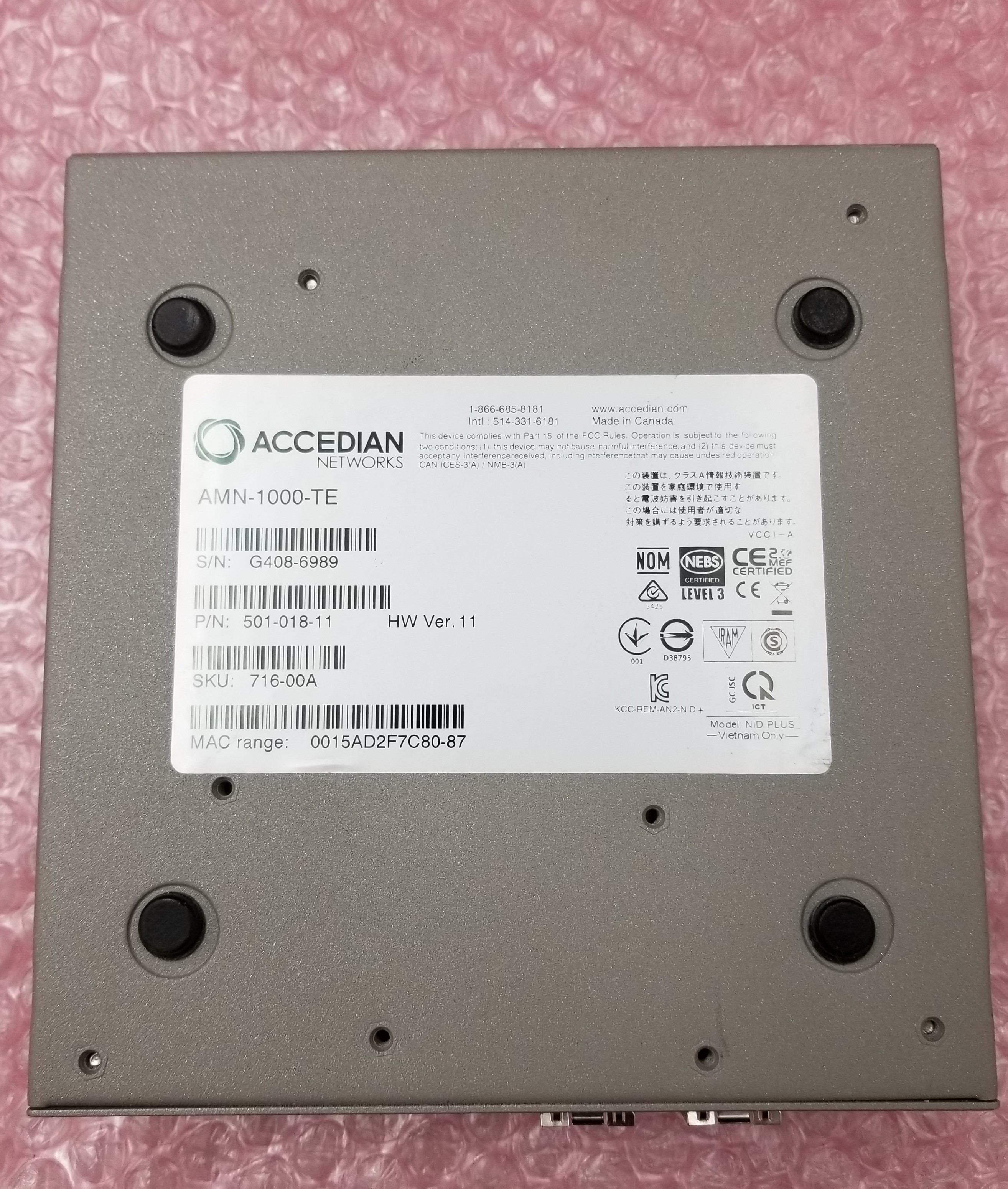 ACCEDIAN AMN-1000-TE 501-018-11 ACCEDIAN METRONID SLA ASSURANCE DP/N