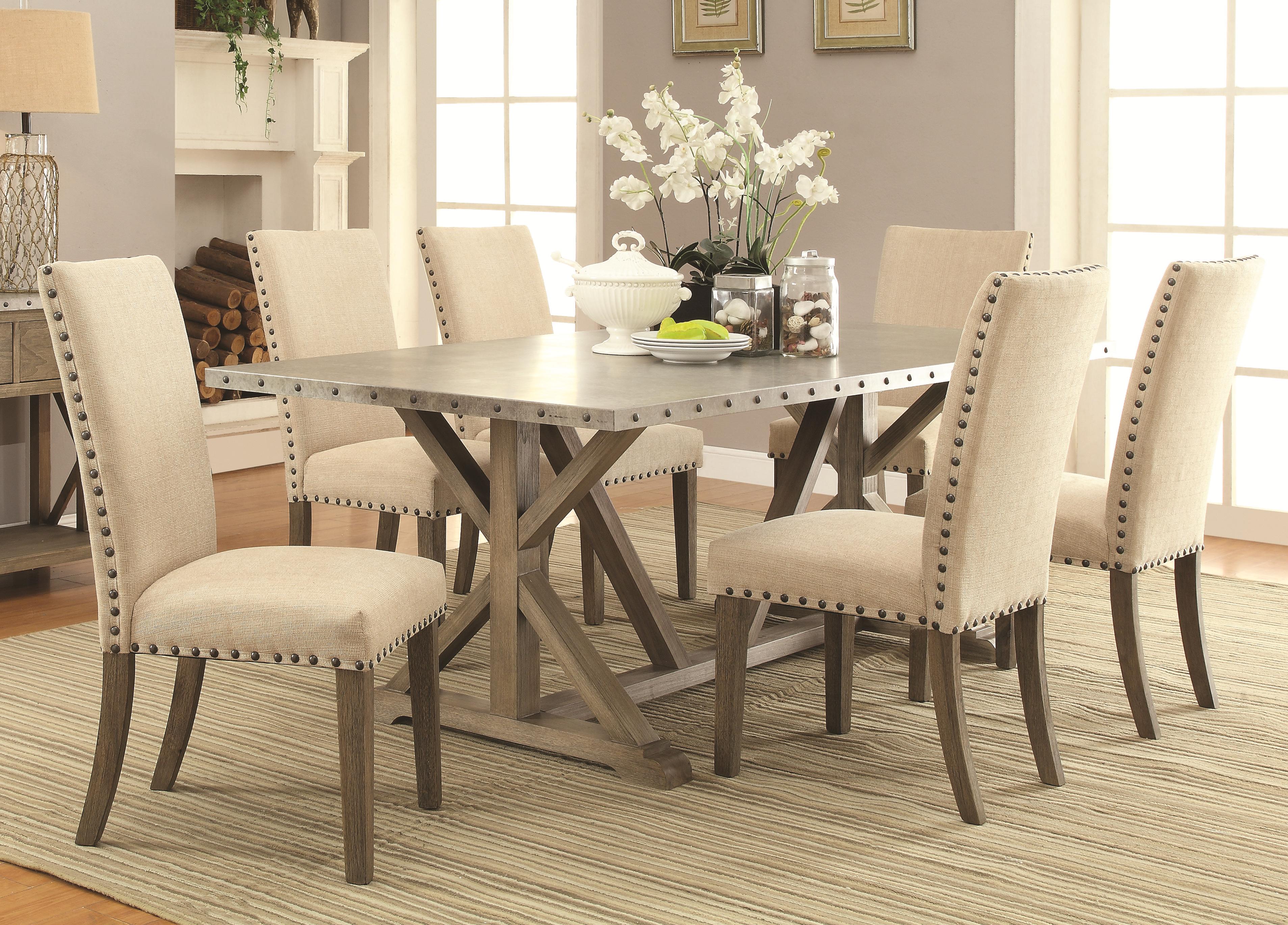 7 Piece Transitional Style Table And Chair Set With Metal Top And 7 Piece Transitional Style Table And Chair Set With Metal Top And