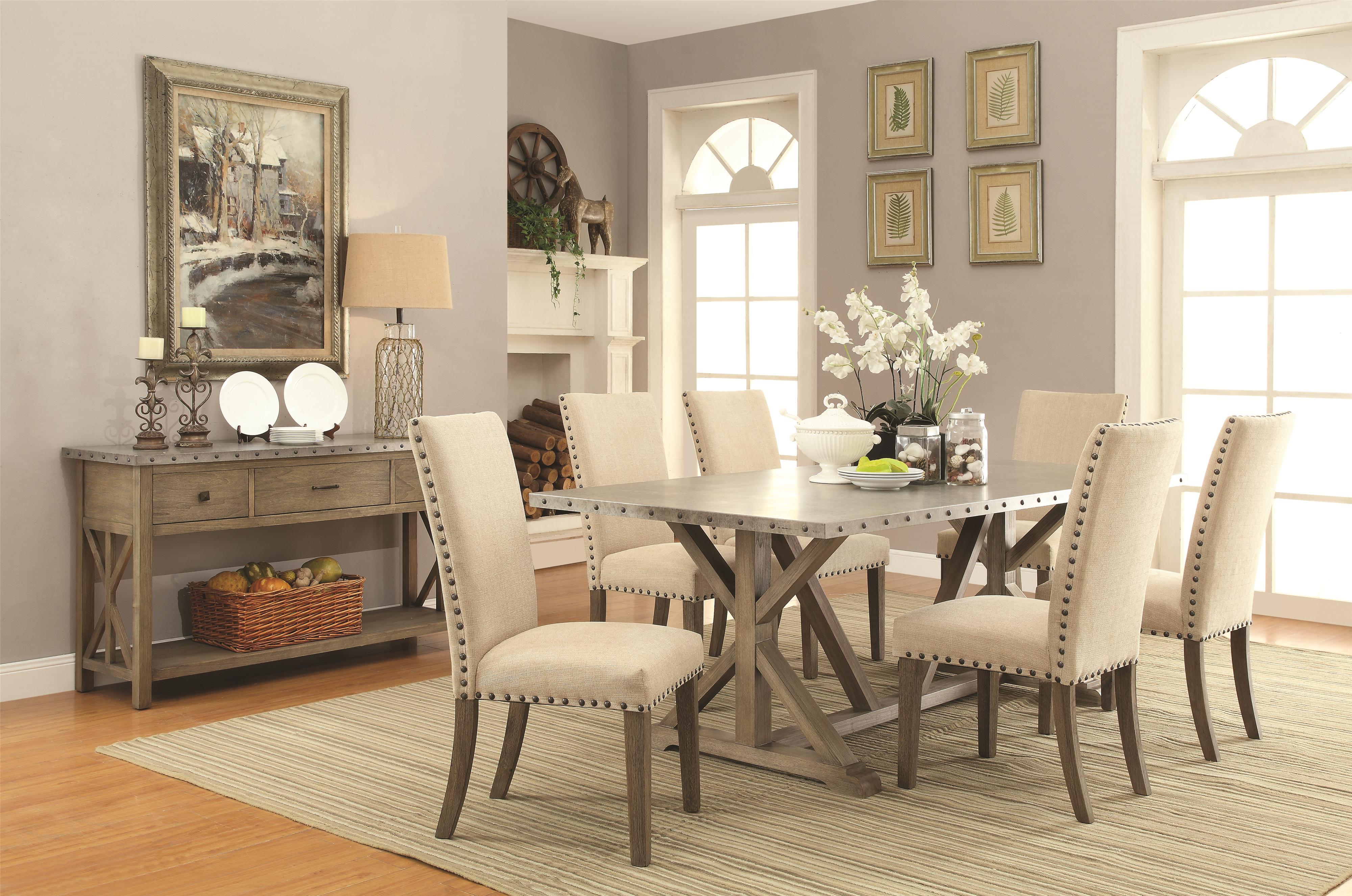 7 Piece Transitional Style Table and Chair Set with Metal Top and ... 7 Piece Transitional Style Table and Chair Set with Metal Top and ...