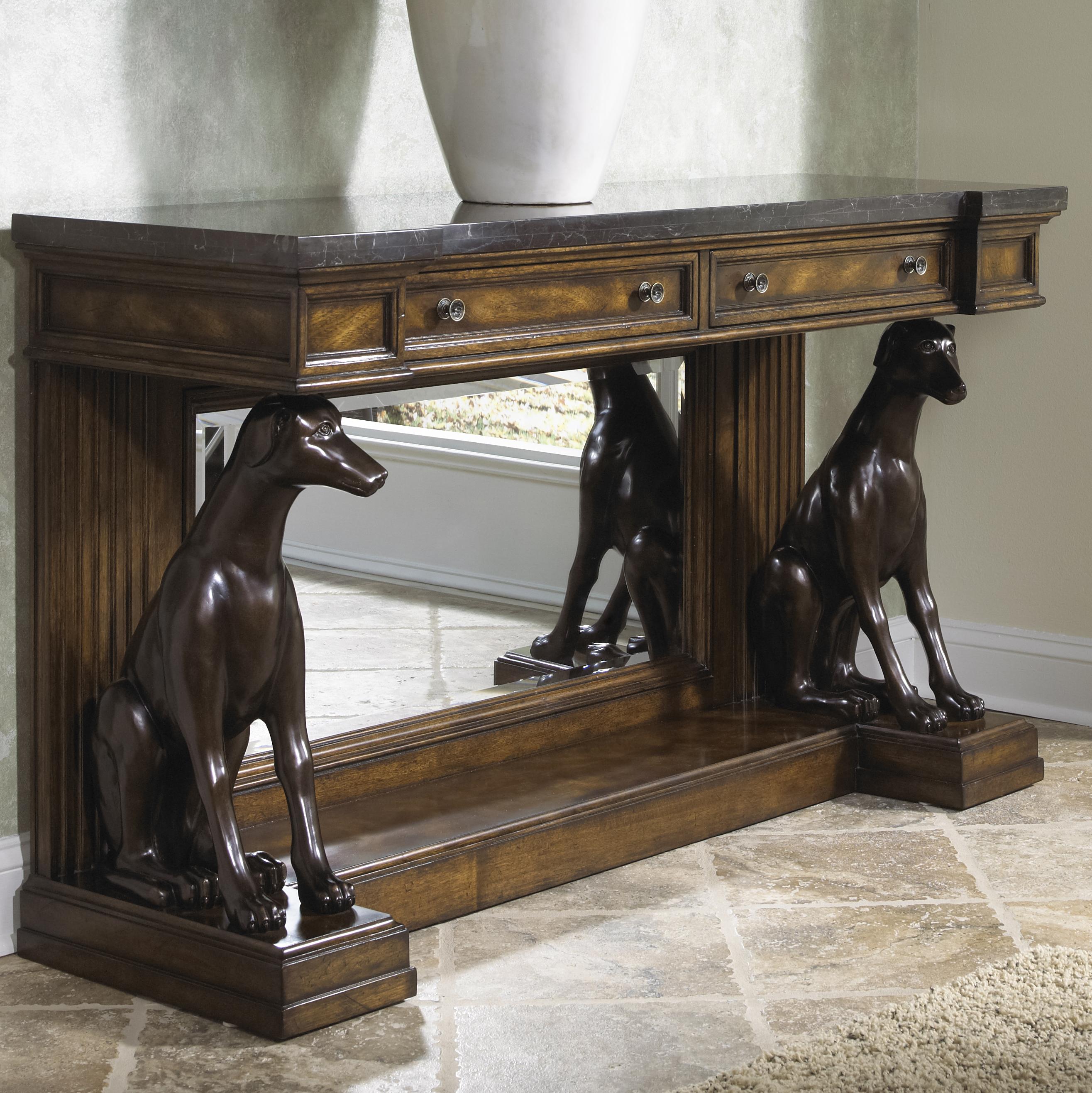 traditional antique console table with marble top and greyhounds by