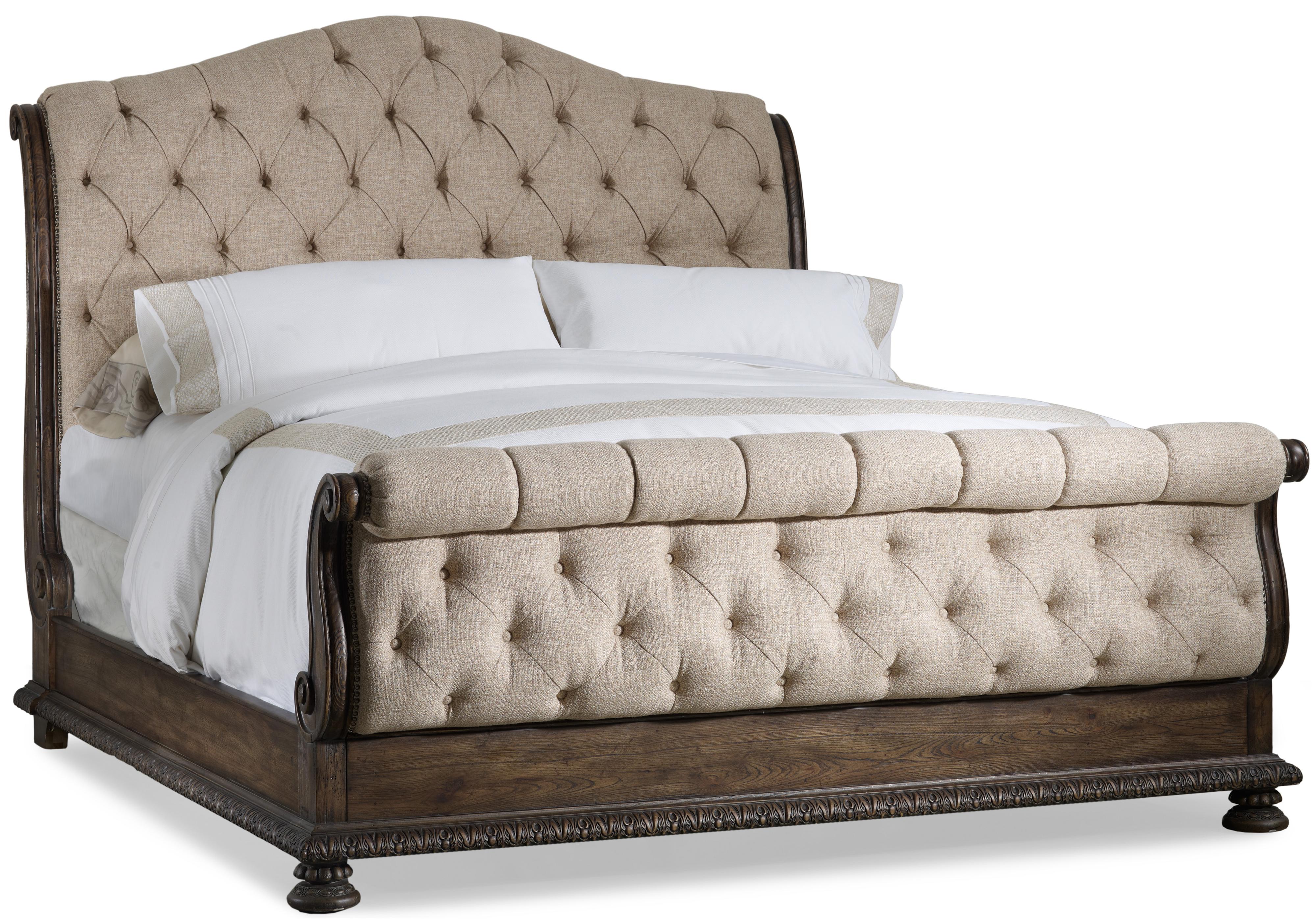 California King Size Tufted Sleigh Bed with Exposed Wood Frame by