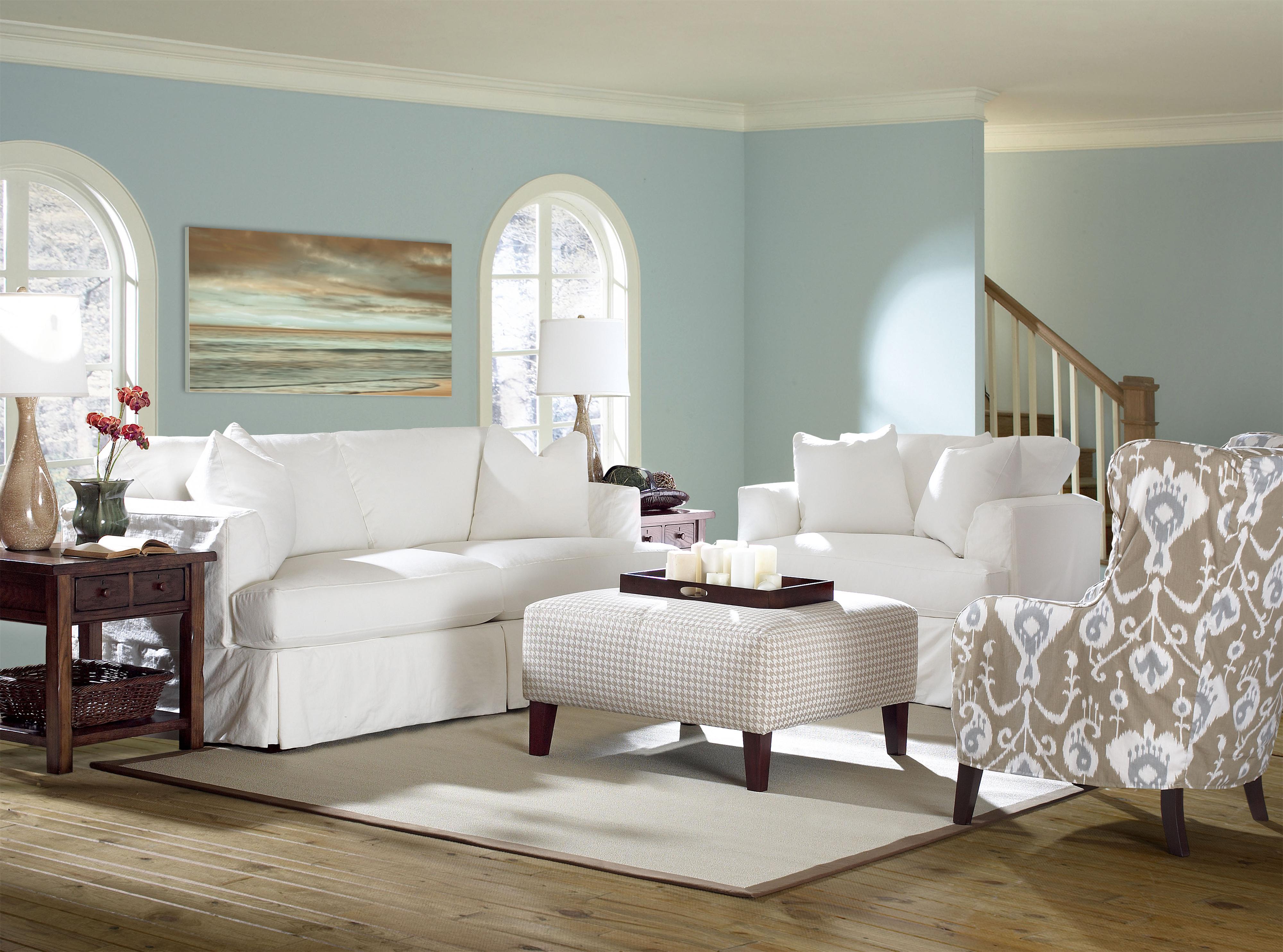 Slipcover Stationary Sofa With Flared Track Arms By