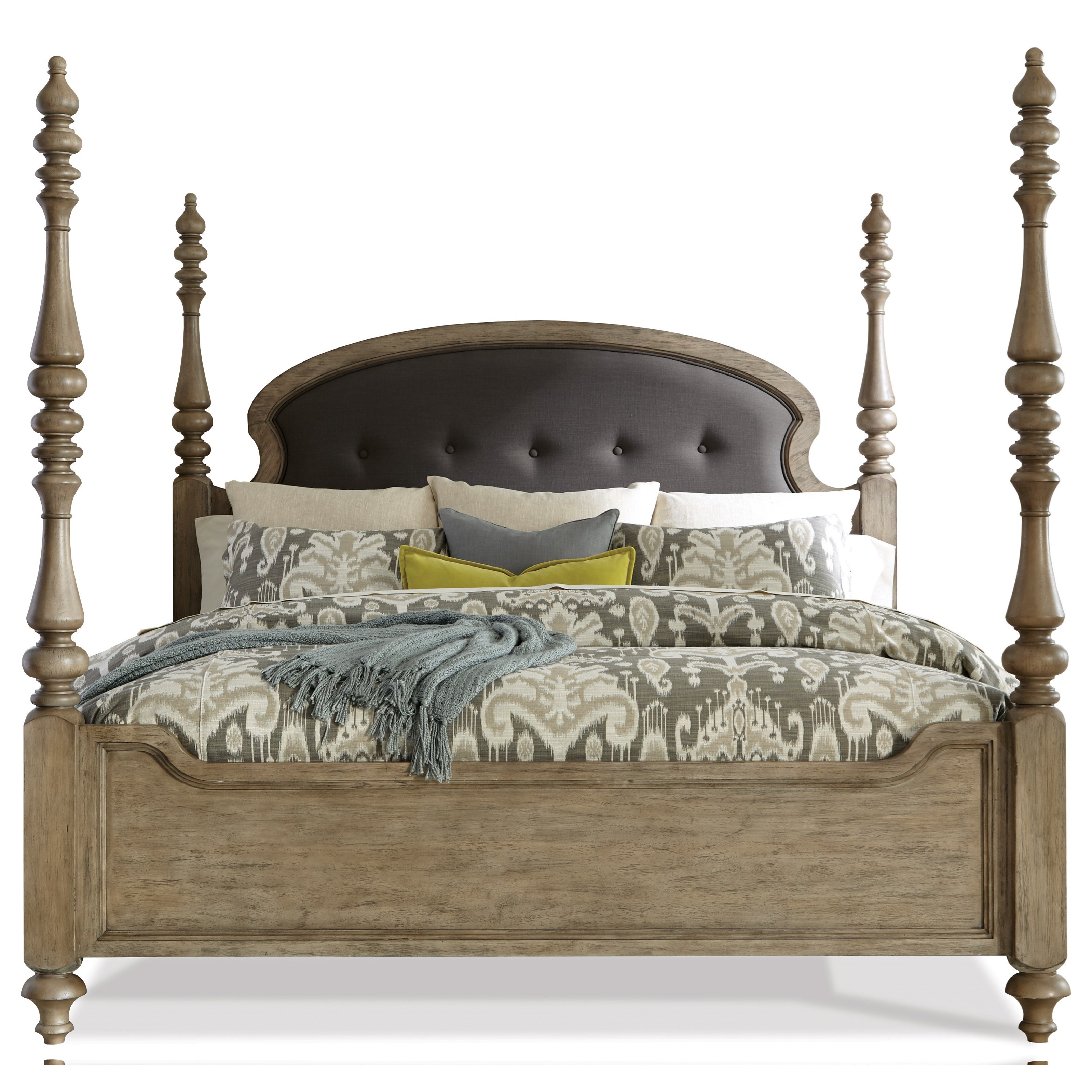 California King Upholstered Poster Bed in Sun Drenched Acacia