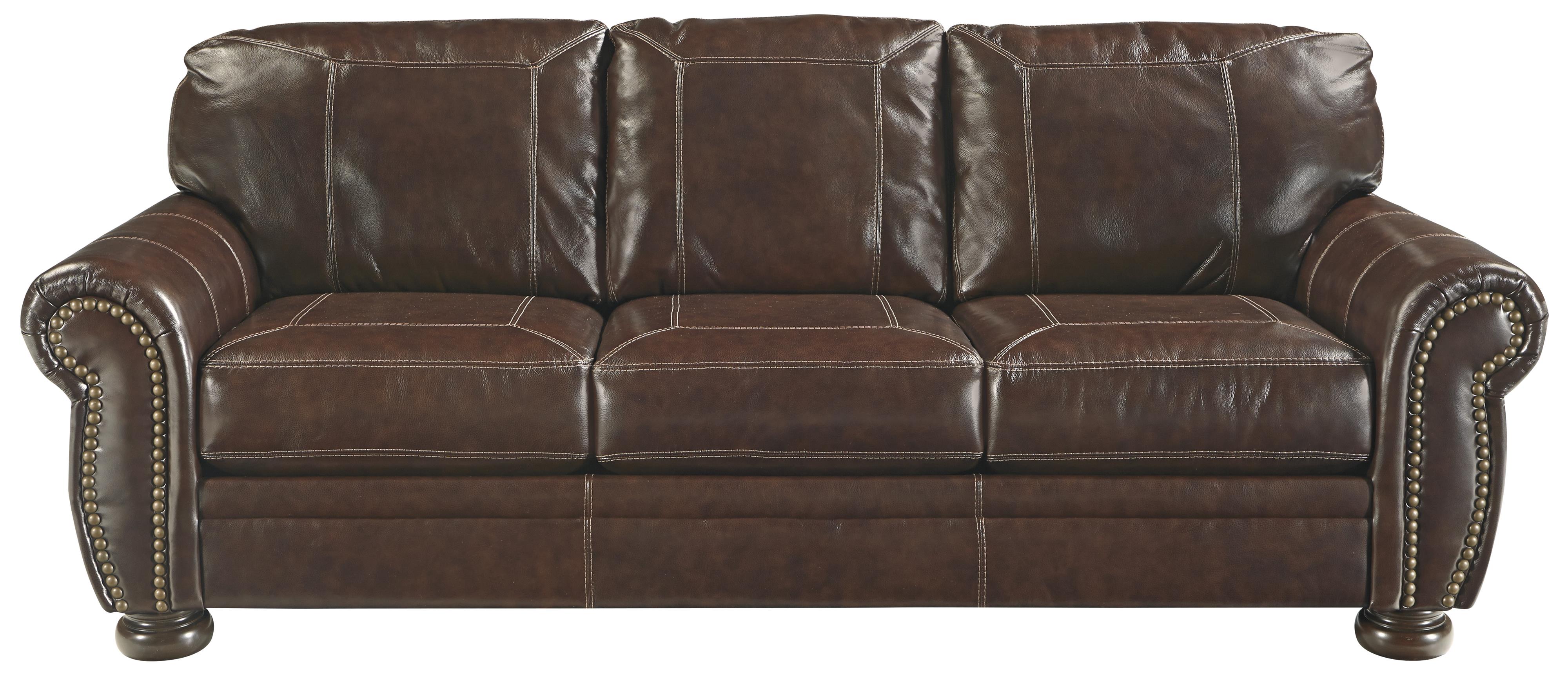 Traditional Leather Match Sofa with Rolled Arms Nailhead Trim