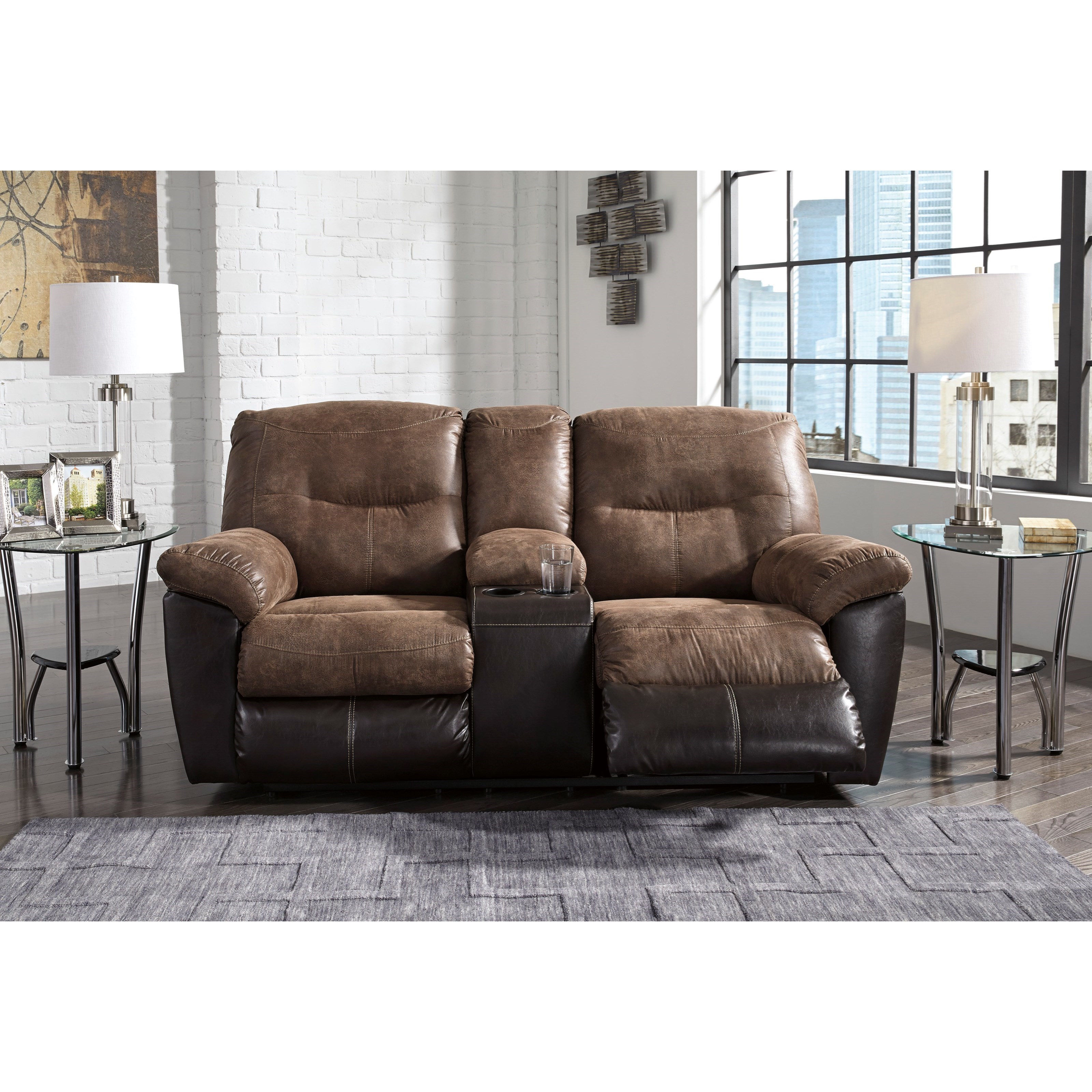 Two Tone Faux Leather Double Reclining Loveseat w Console by