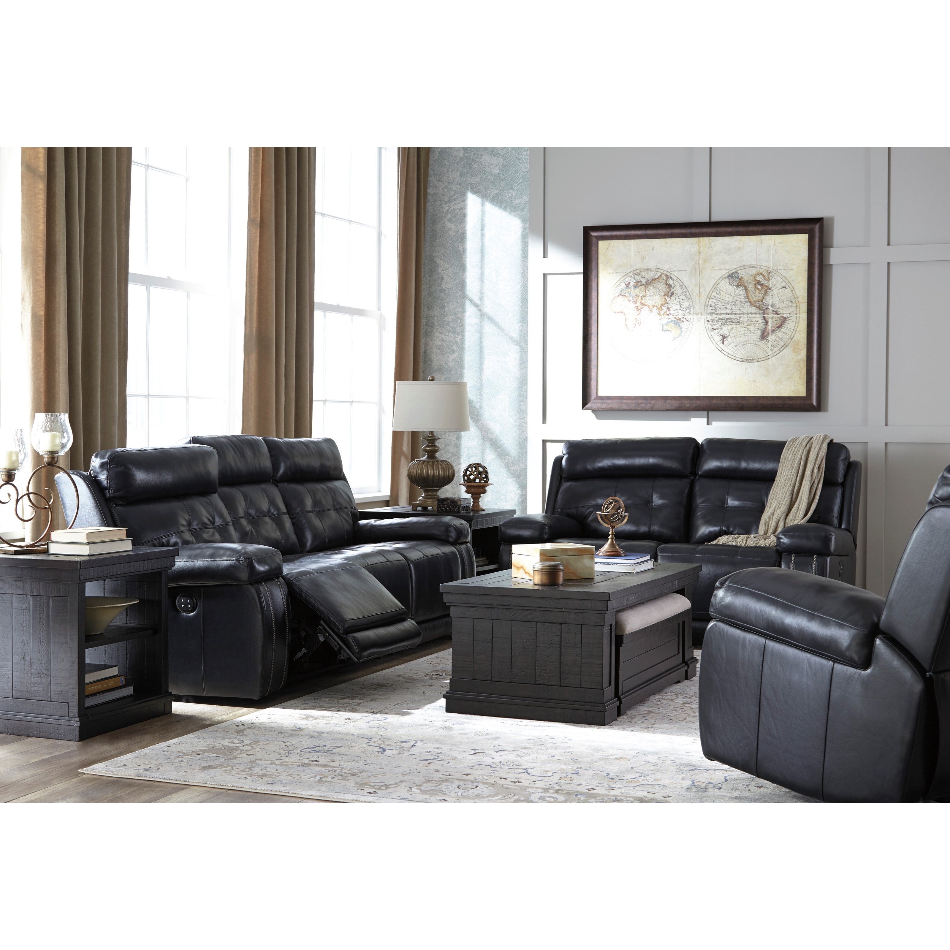 Leather Match Power Reclining Sofa w Adjustable Headrest by