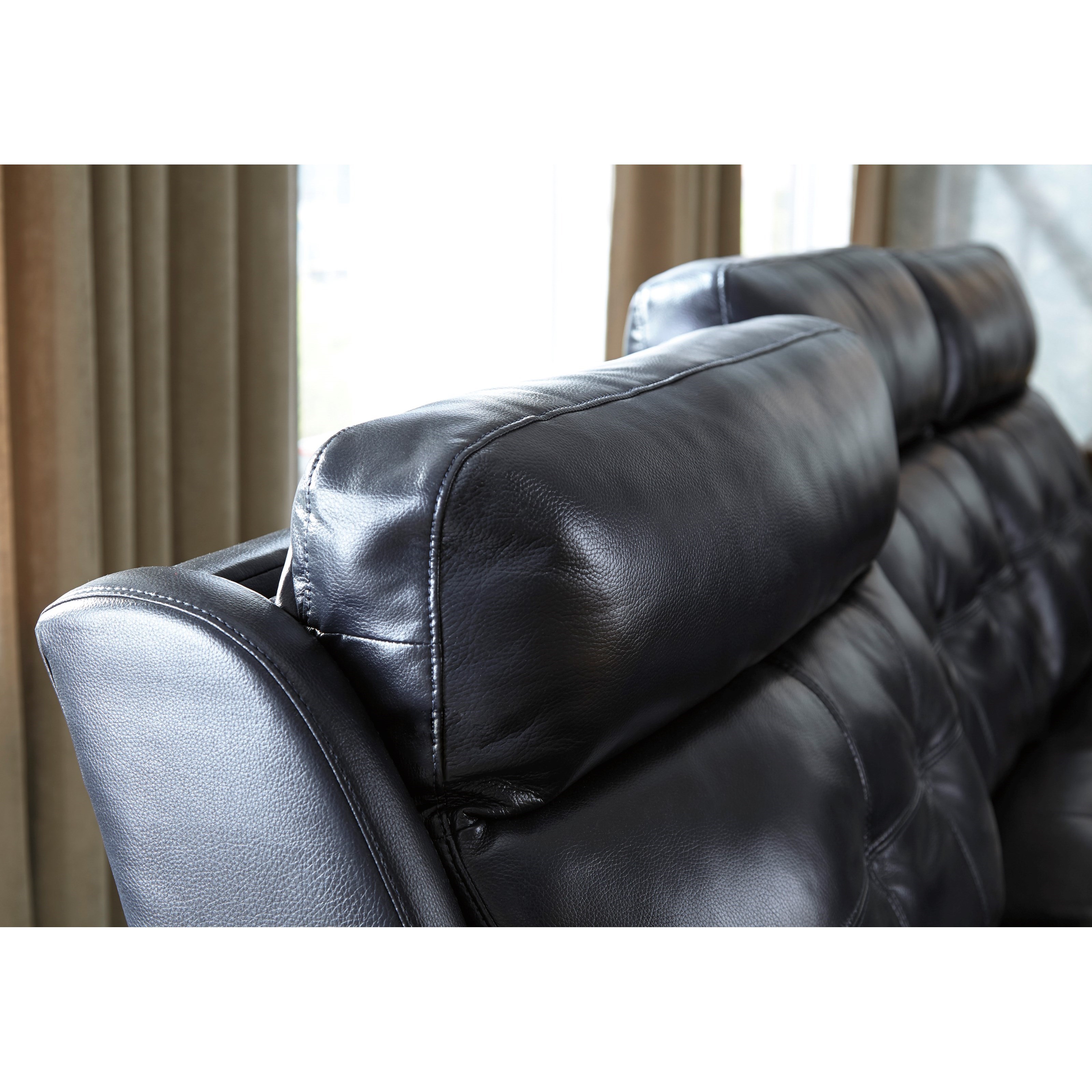 Leather Match Power Reclining Sofa w Adjustable Headrest by
