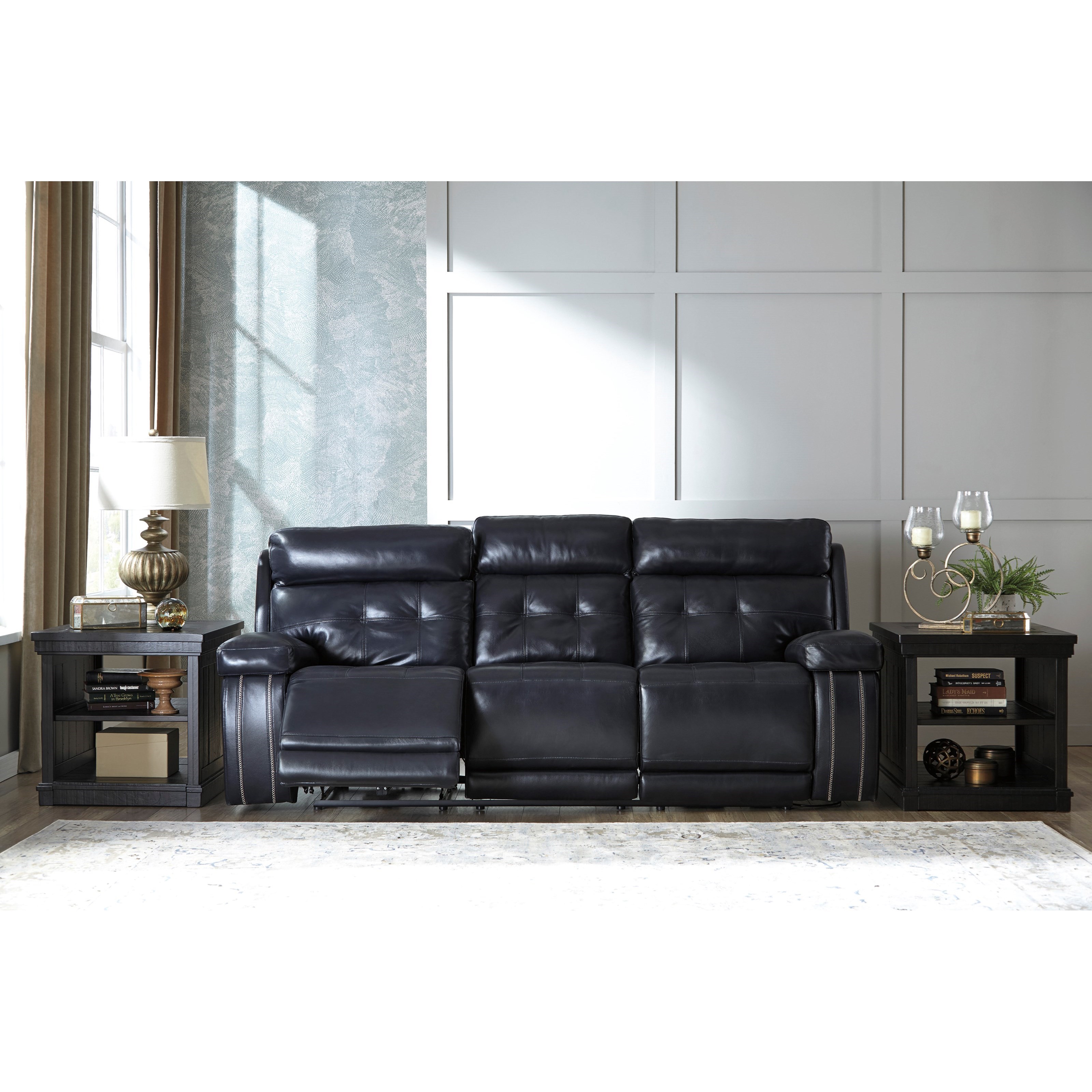 Leather Match Power Reclining Sofa w Adjustable Headrest by