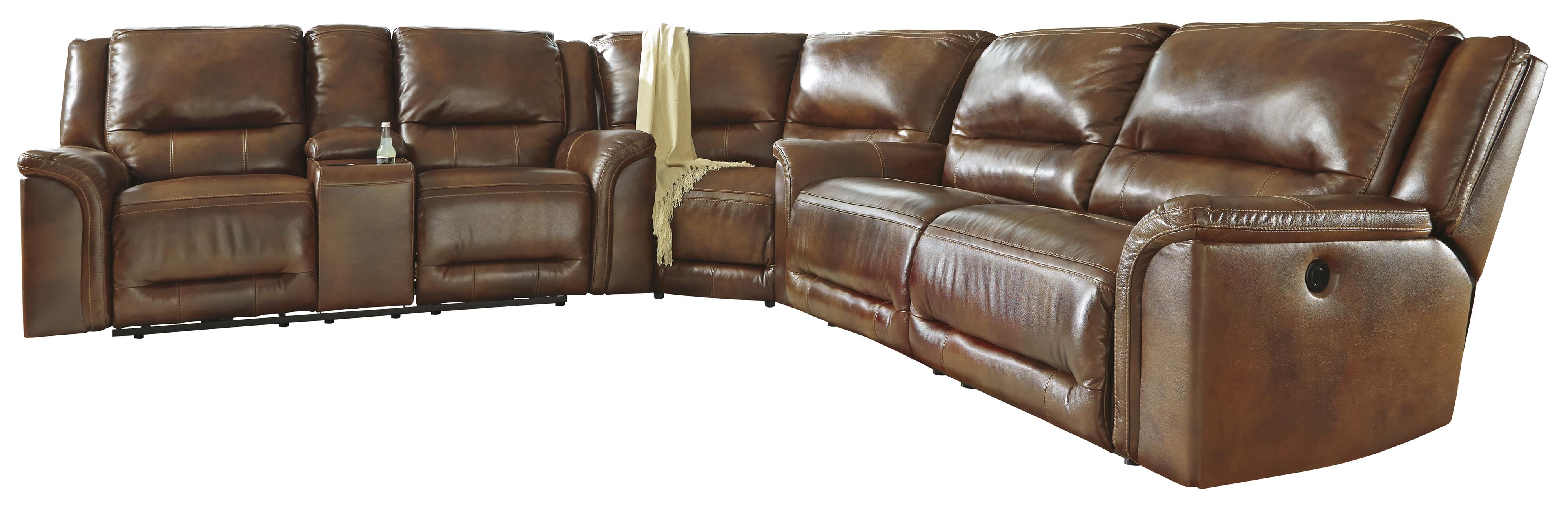 Contemporary Leather Match Reclining Power Sectional with Wedge by