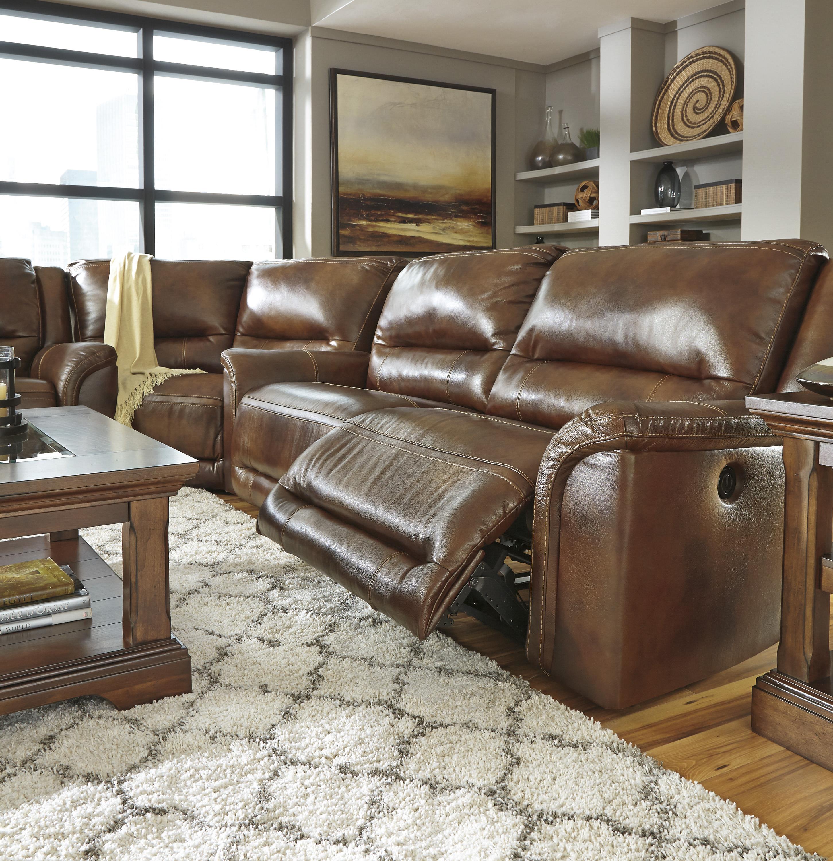 Contemporary Leather Match Reclining Power Sectional with Wedge by