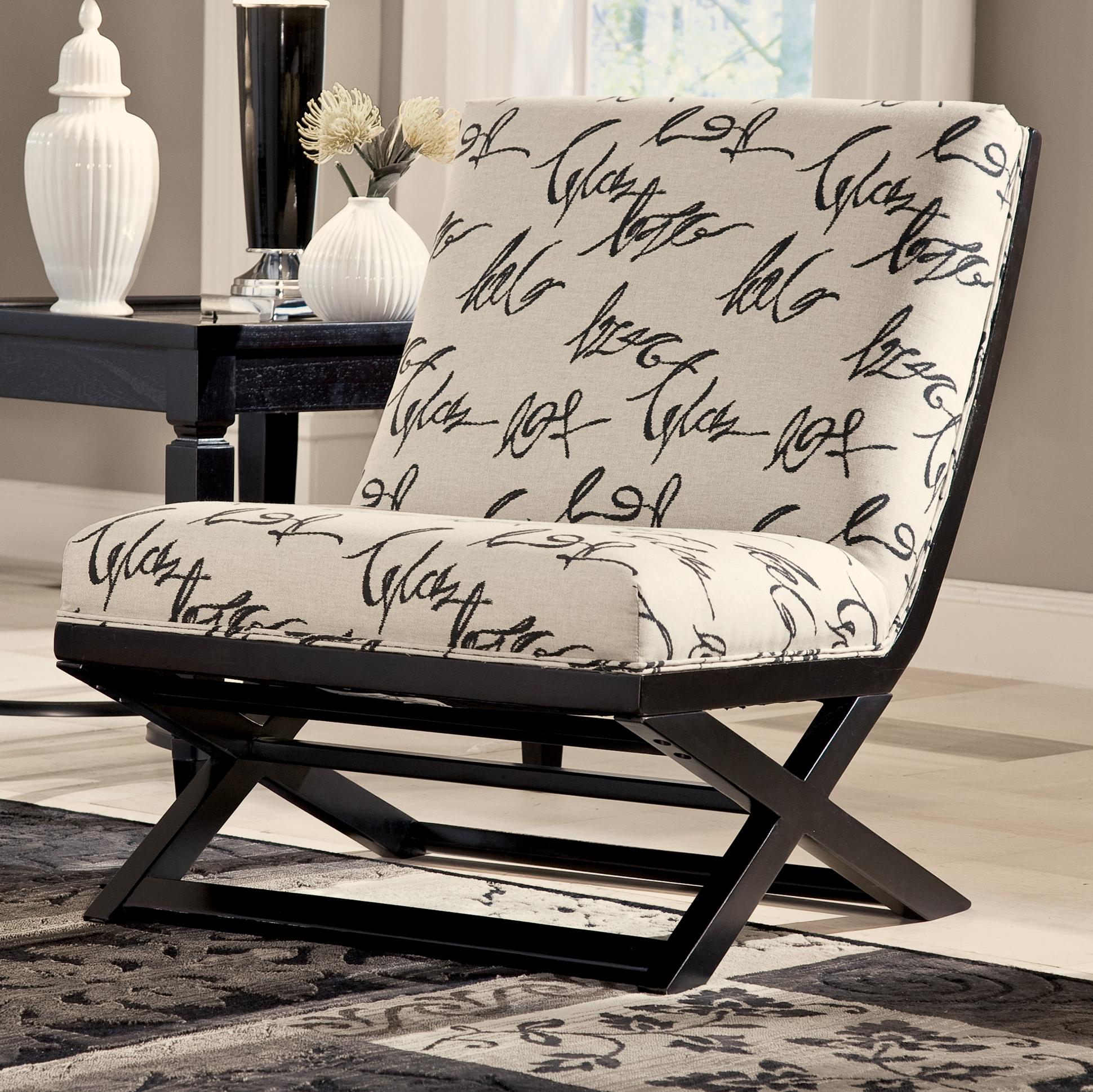 armless showood accent chair with abstract script fabric by