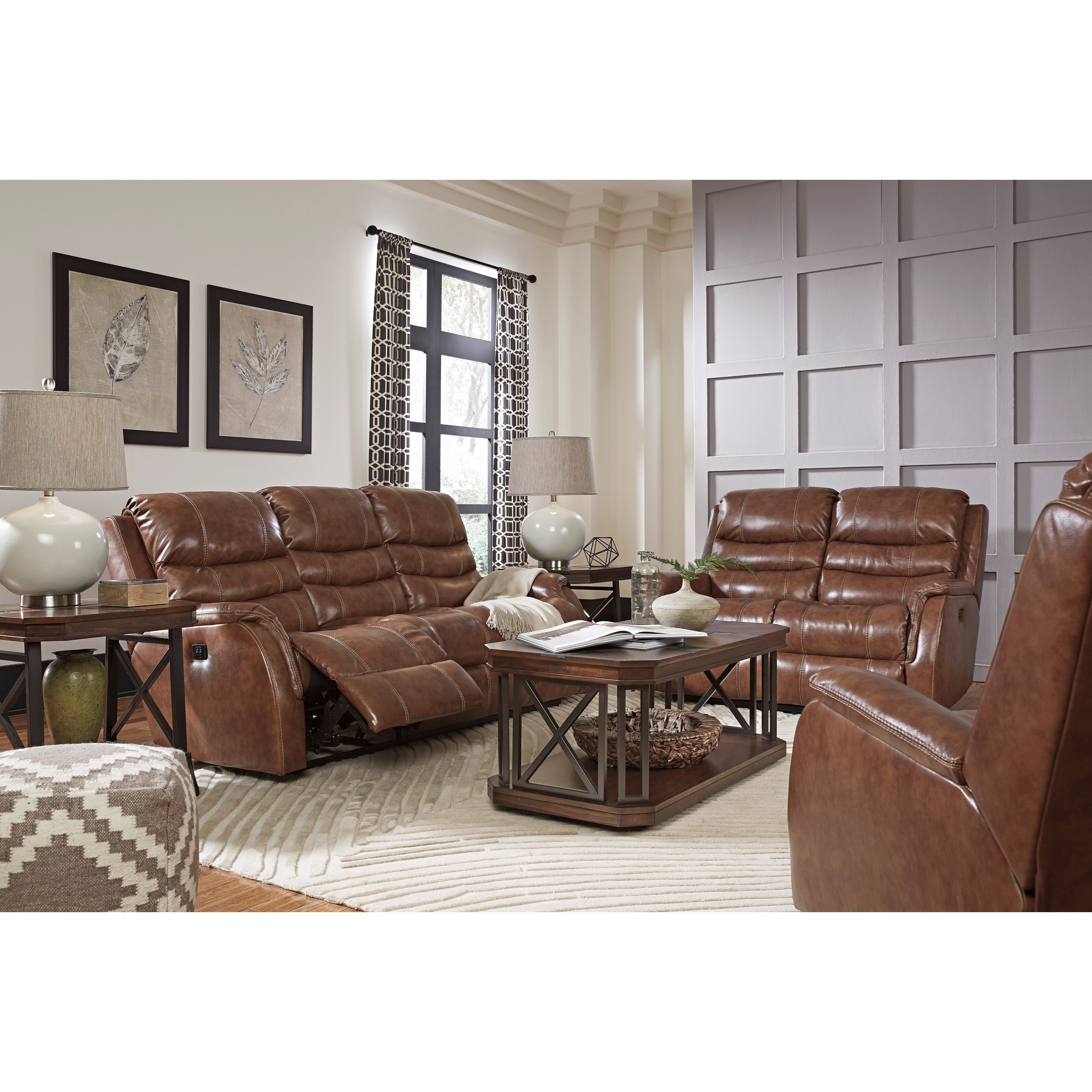 Leather Match Power Reclining Sofa w Adjustable Headrest by