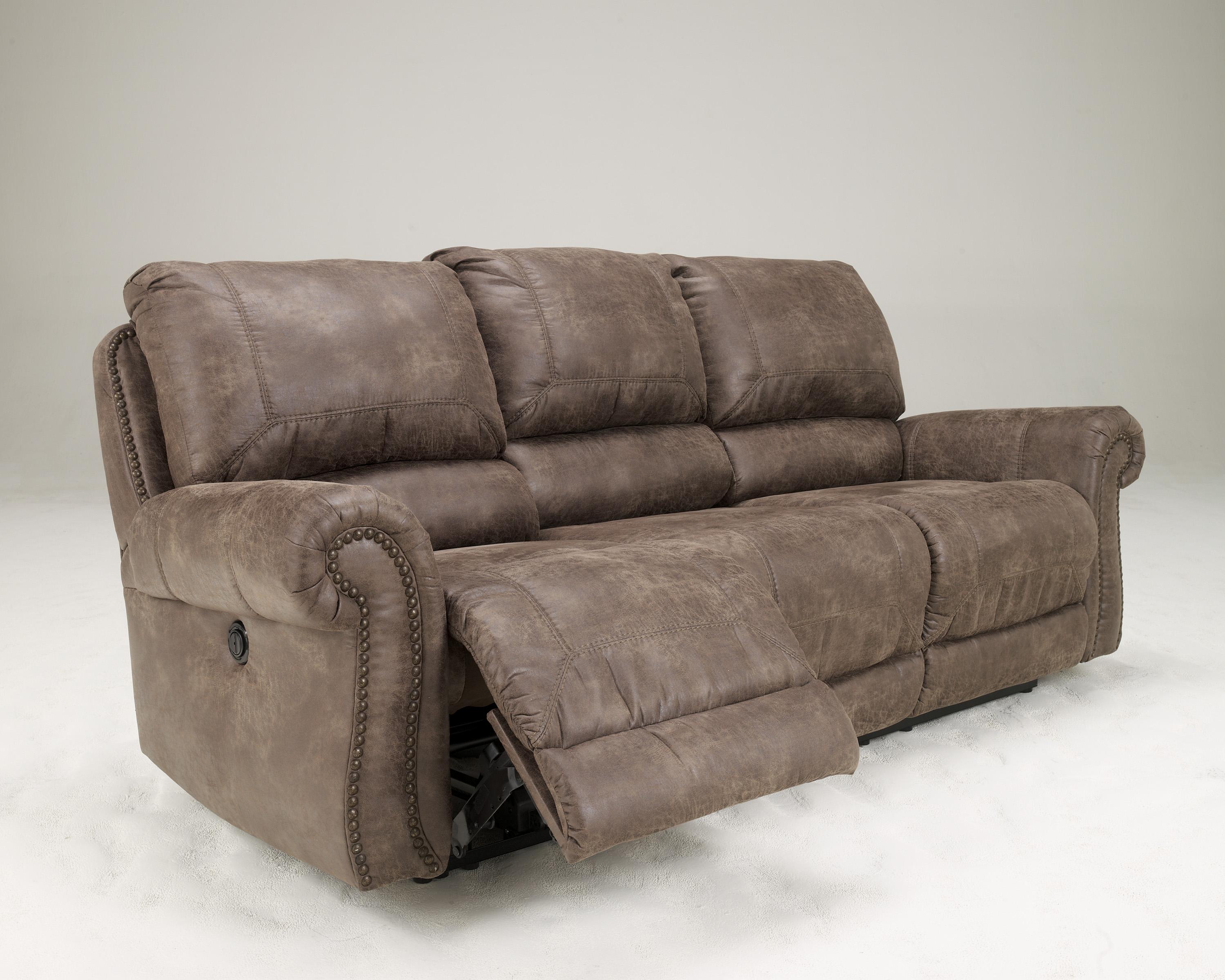 Reclining Faux Leather Sofa with Rolled Arms & Nail Head Trim by