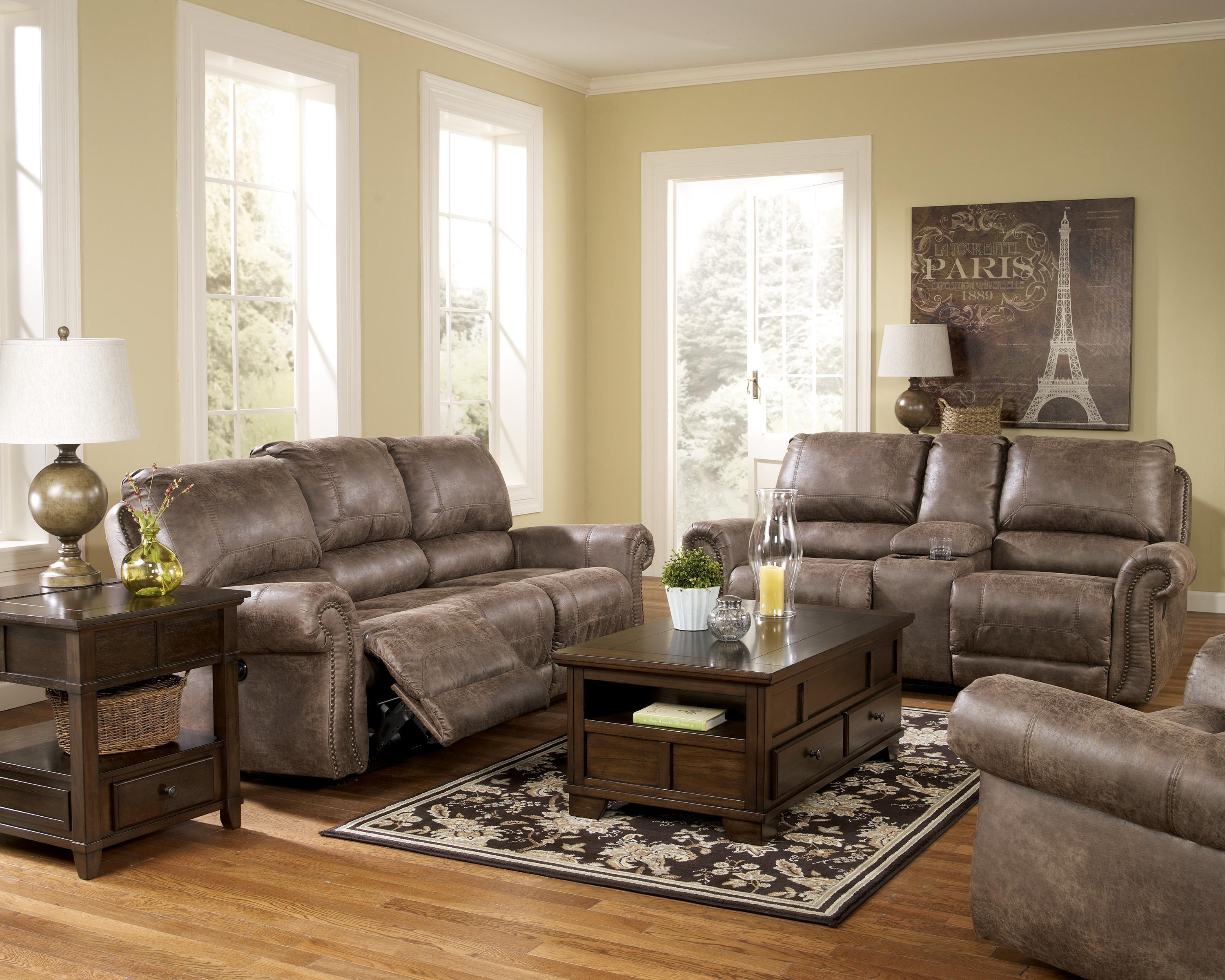 Reclining Faux Leather Sofa with Rolled Arms & Nail Head Trim by