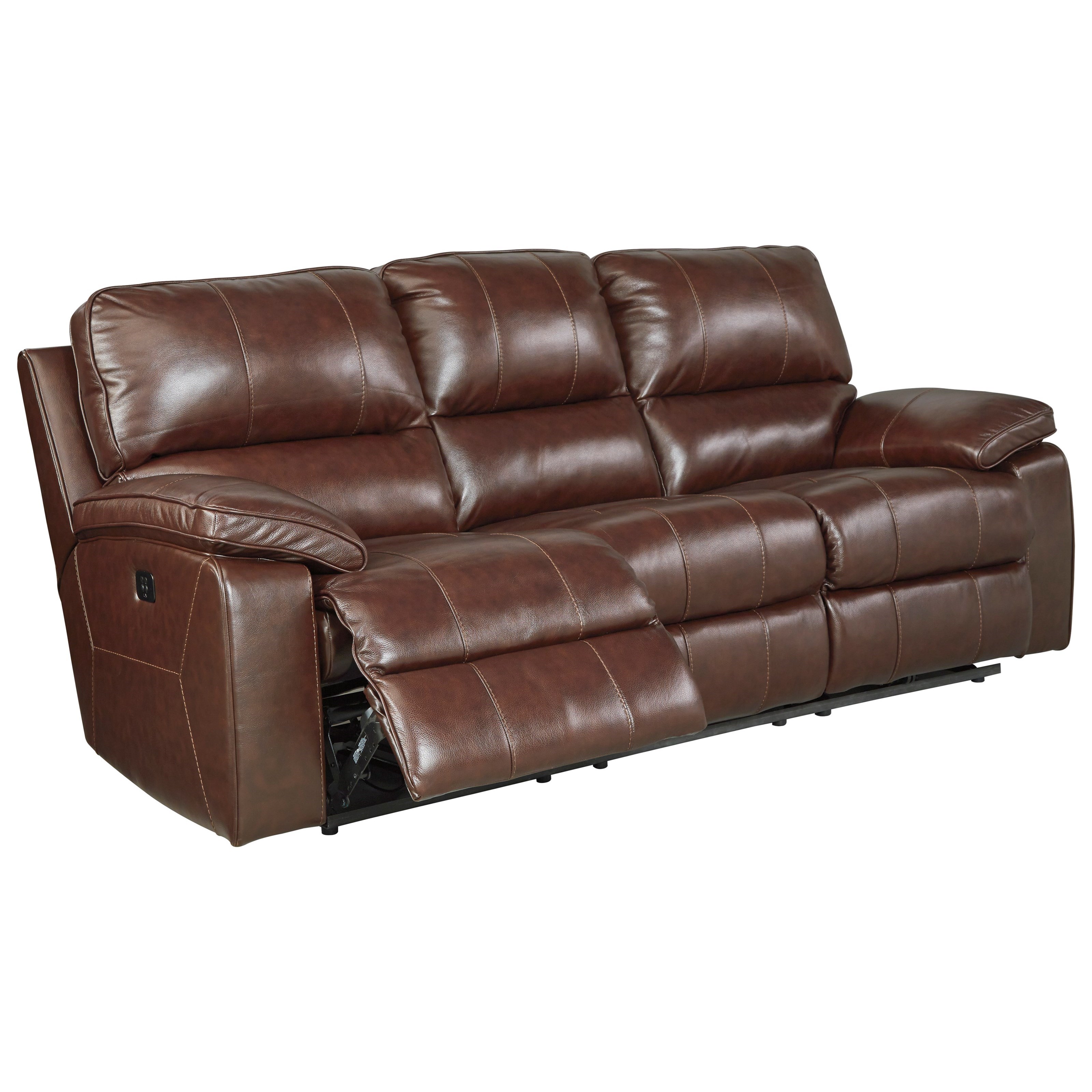 Leather Match Power Reclining Sofa w Adjustable Headrest by