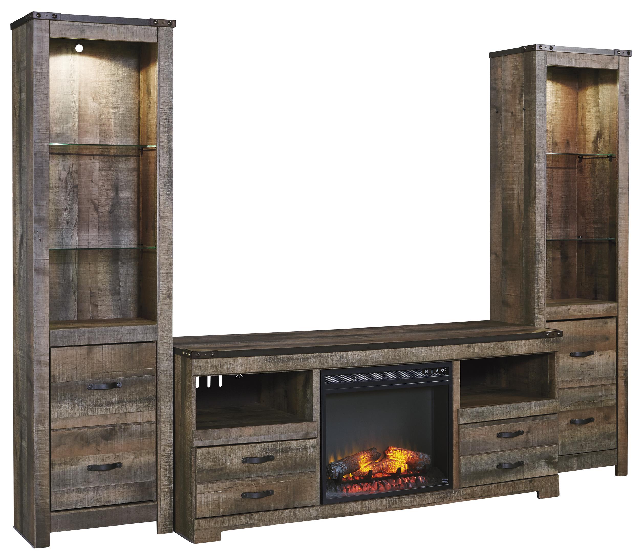 Rustic Large TV Stand w/ Fireplace Insert & 2 Tall Piers ...