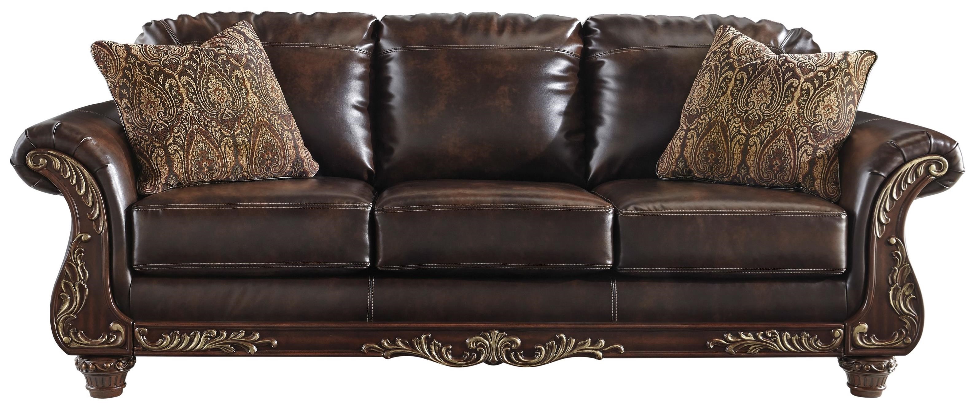 Traditional Faux Leather Sofa with Wood Trim & Rolled Arms by