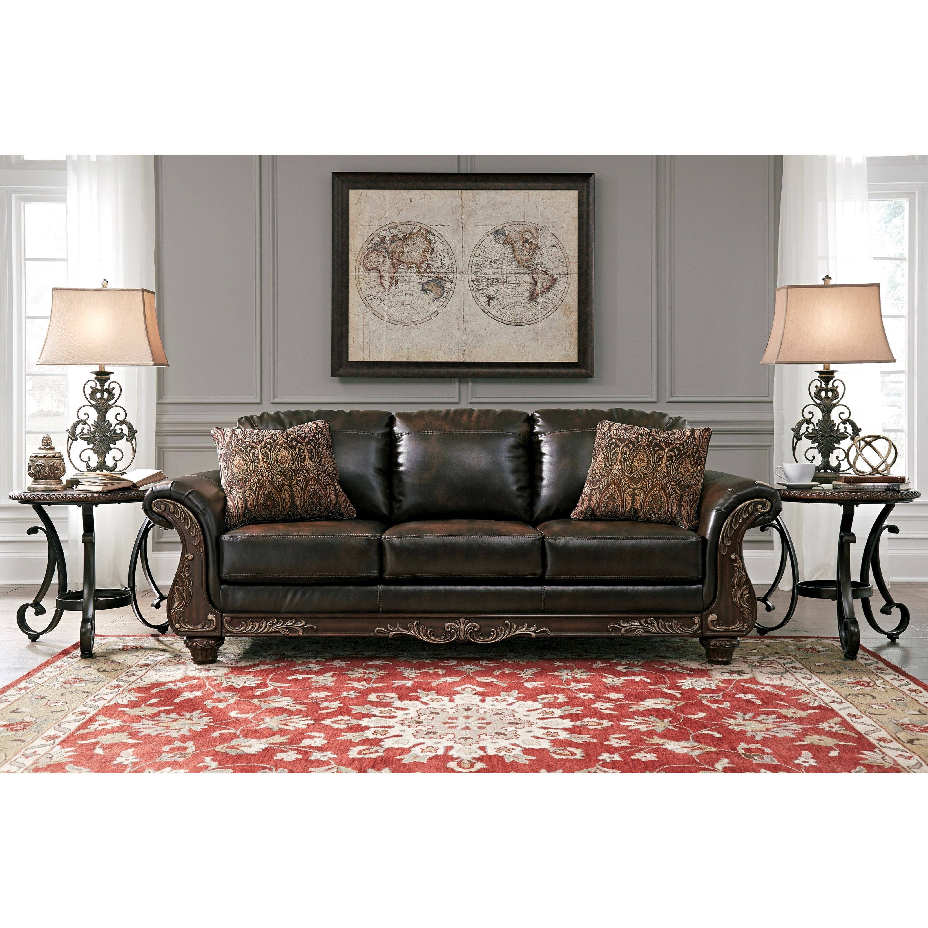 Traditional Faux Leather Sofa with Wood Trim & Rolled Arms by