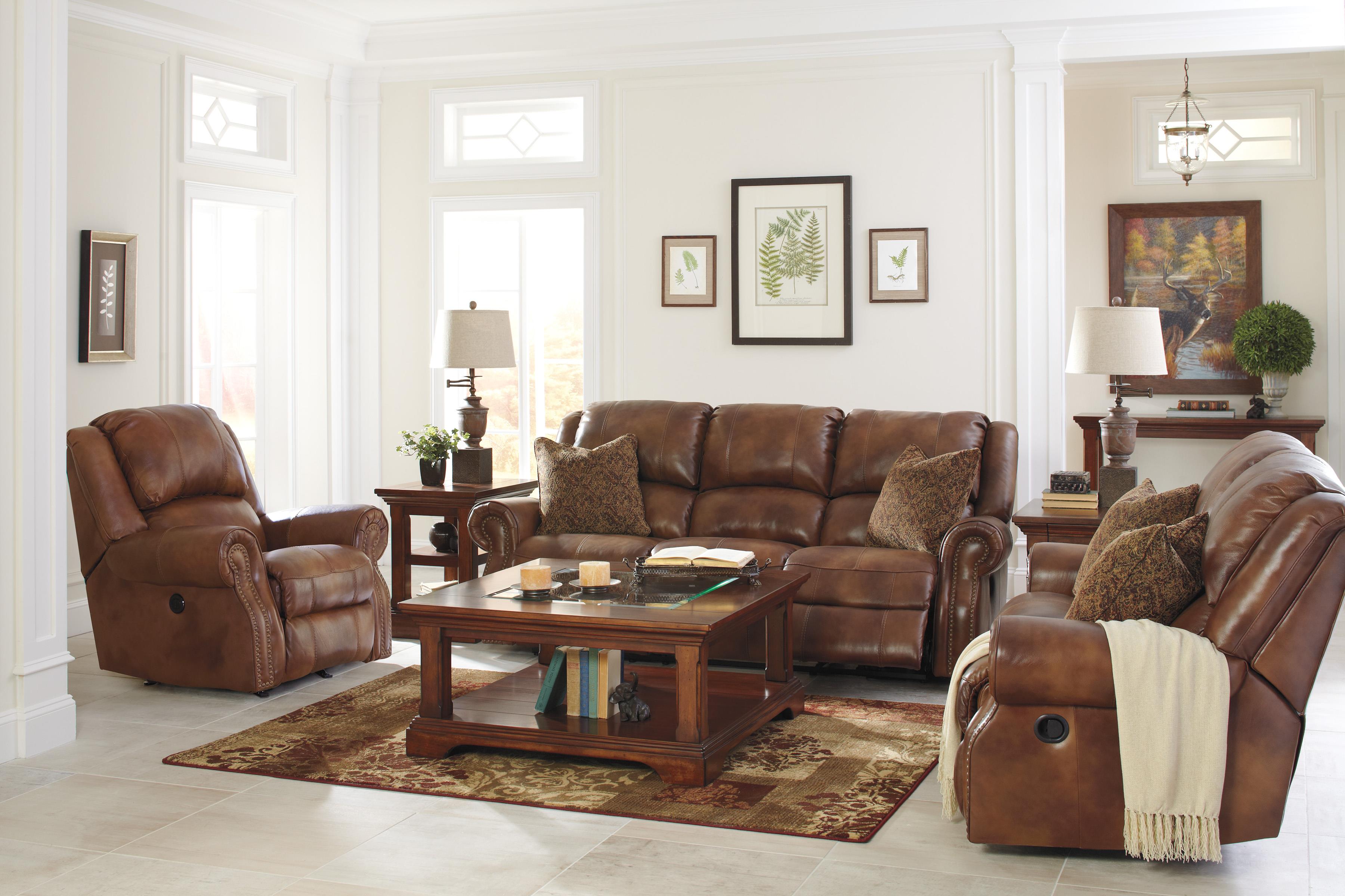 Leather Match Reclining Power Loveseat with Nailhead Trim by