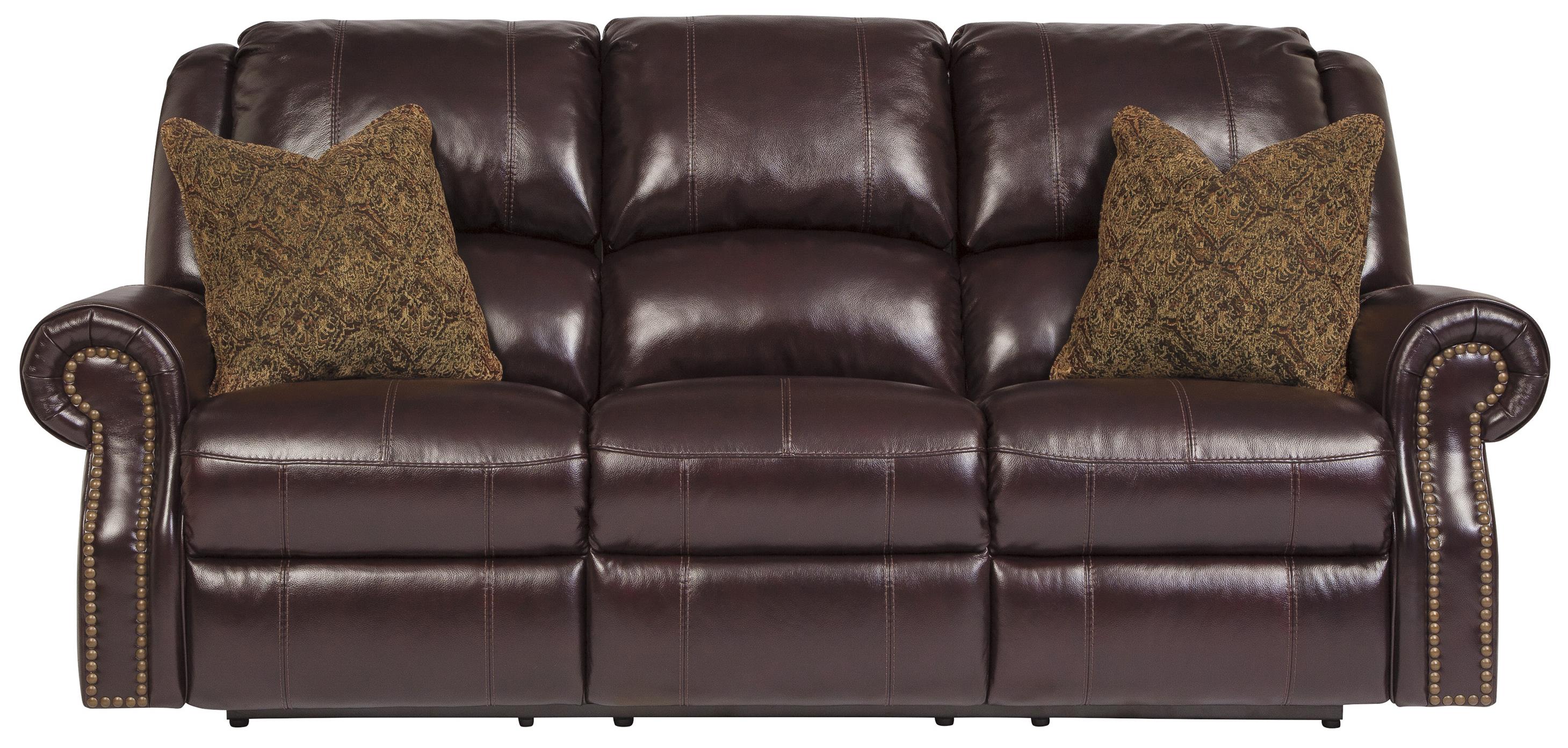 Leather Match Reclining Sofa with Nailhead Trim by Signature