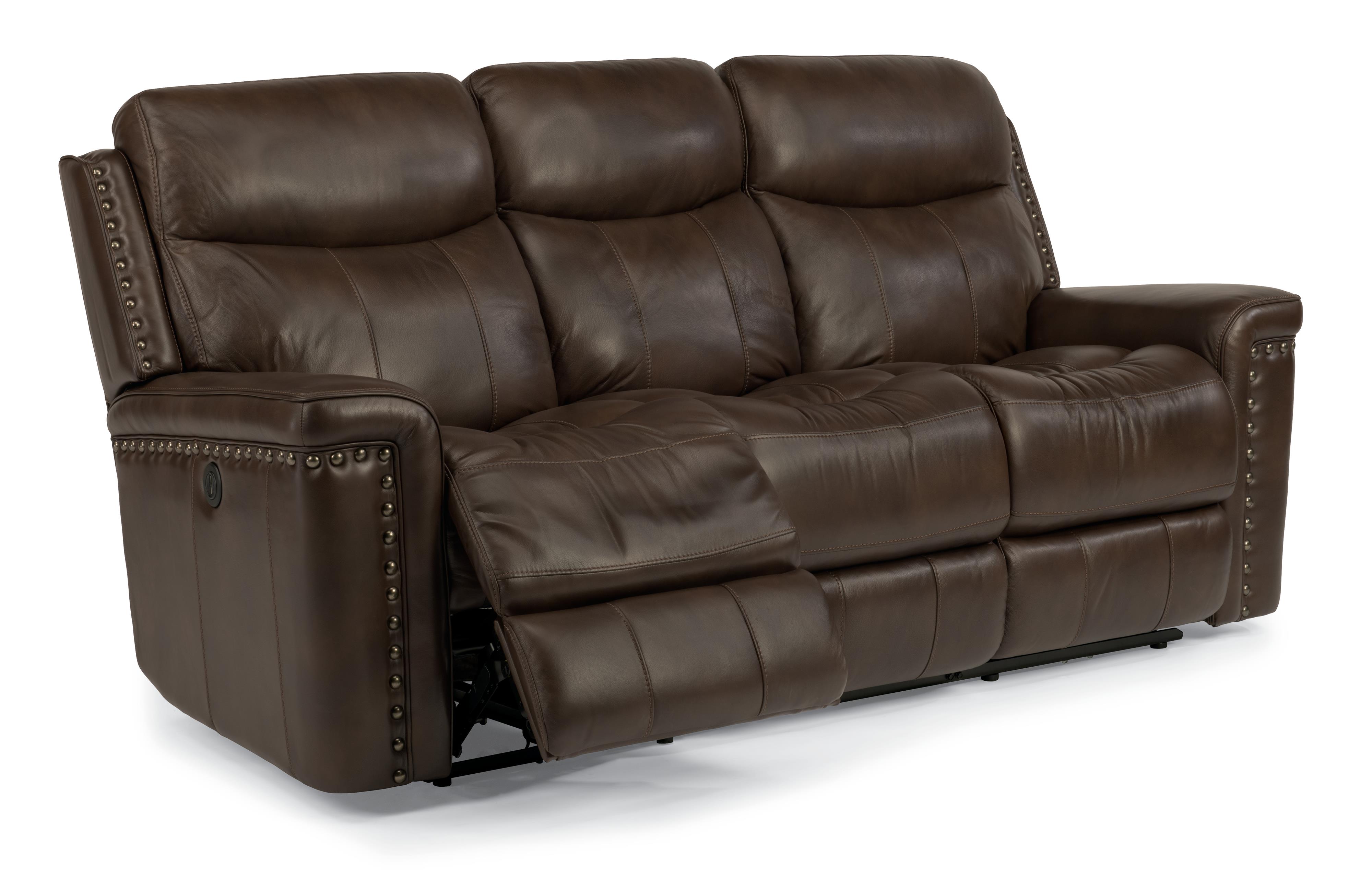Top Grain Leather Match Power Reclining Sofa with Nail Head Trim by Flexsteel Wolf and Top Grain Leather Match Power Reclining Sofa with Nail Head Trim by Flexsteel Wolf and