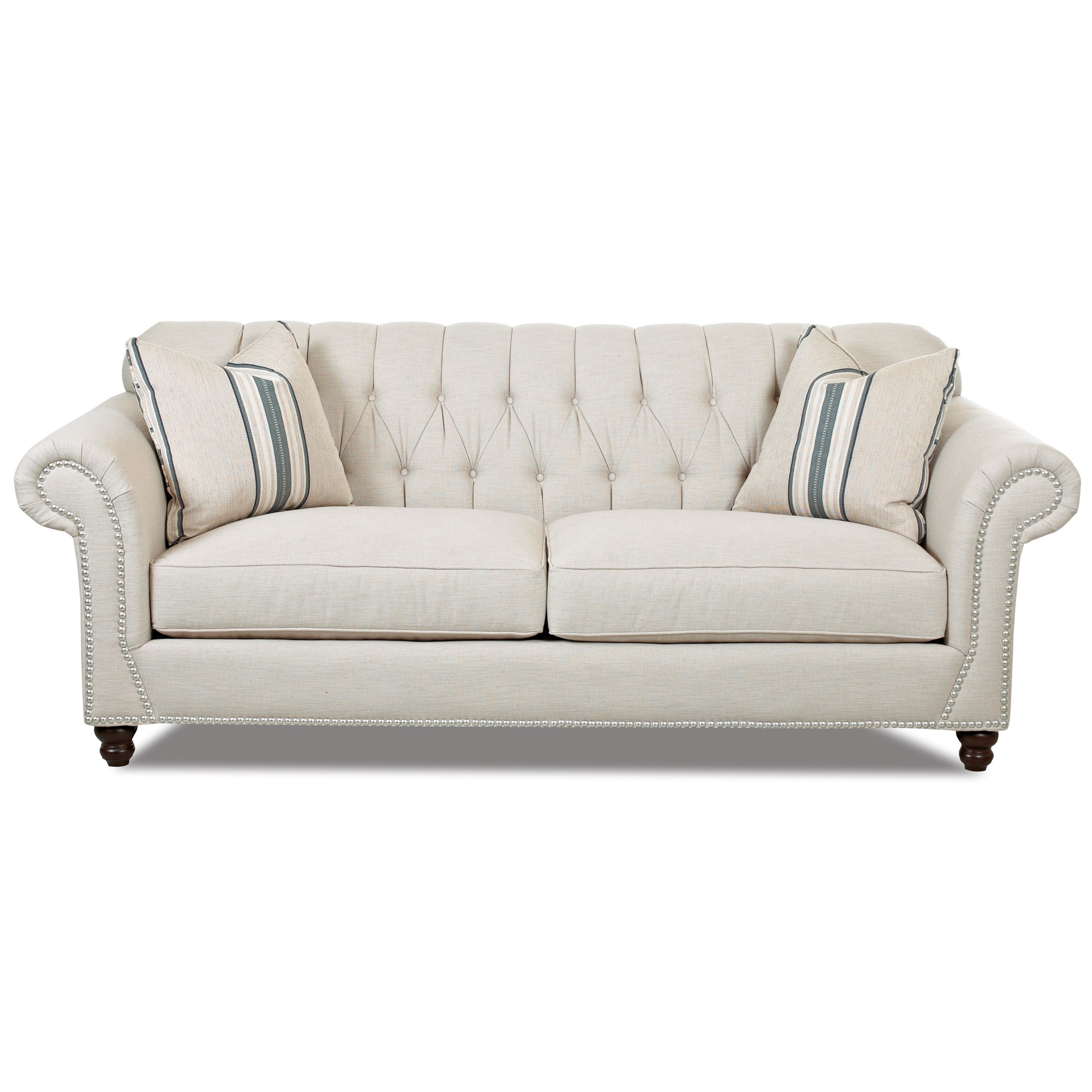 Traditional Sofa with Button Tufted Back, Rolled Arms and Throw Pillows by Klaussner Wolf and ...