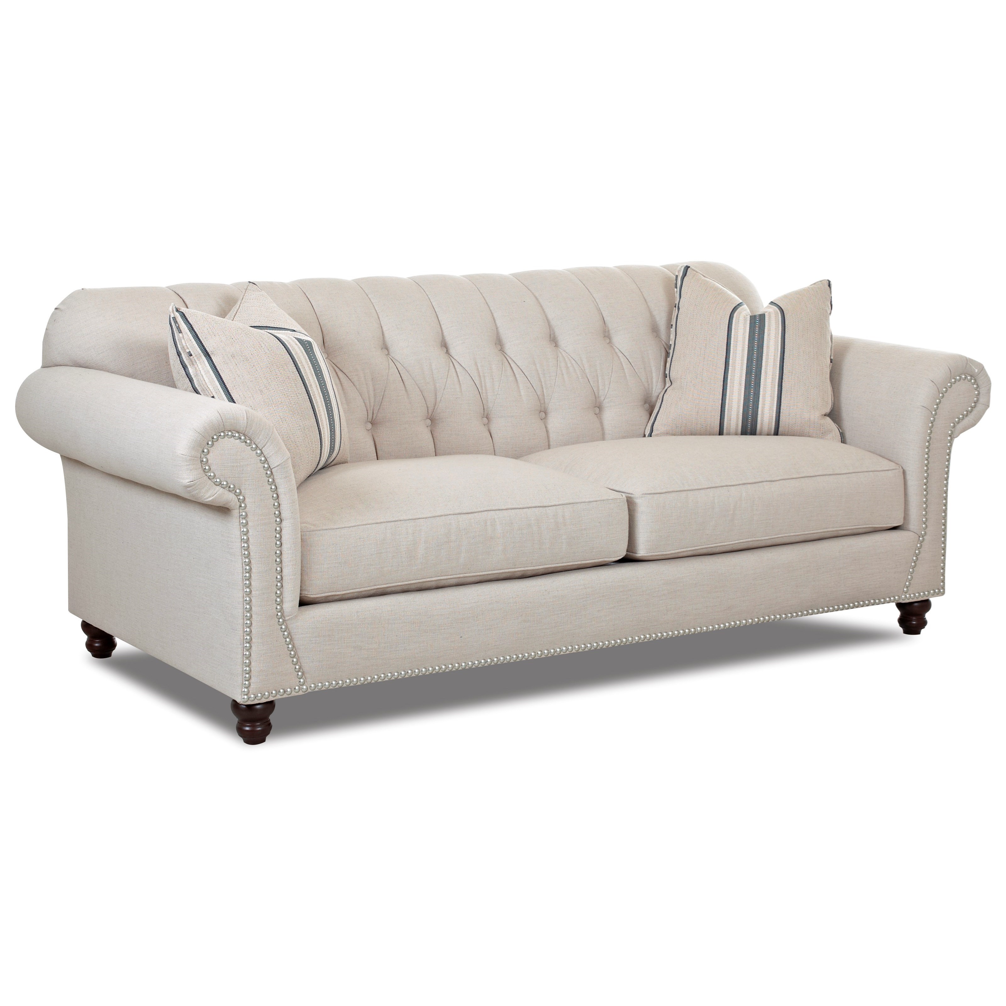 Traditional Sofa with Button Tufted Back, Rolled Arms and Throw Pillows by Klaussner Wolf and ...