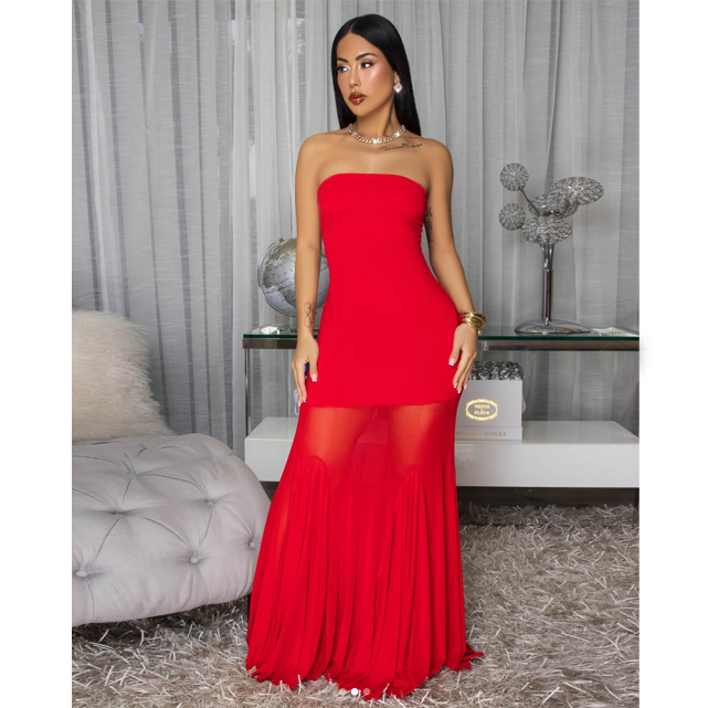 open lace back dress Luscious | Red High-Neck Maxi Dress with Drop-Waist and Bow Detail