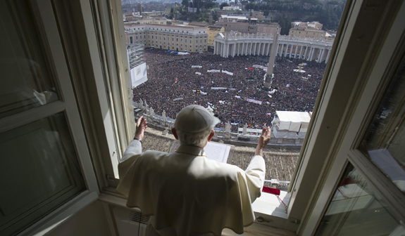 Pope Benedict XVI leads his last Angelus as pope at Vatican pope benedict xvi leads his final angelus as pope from the window of his apartment overlooking st. peter's square vatican feb. 24. (cns photo/l'osservatore romano via reuters)