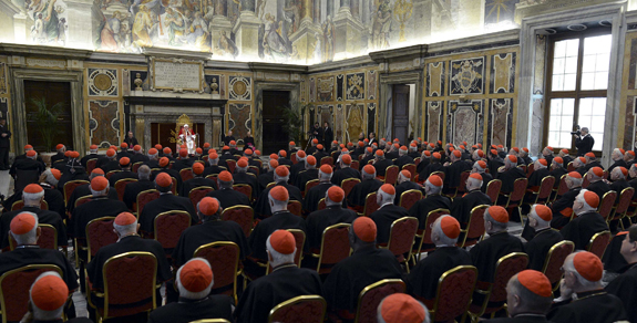 pope benedict xvi addresses the college of cardinals at the vatican feb. 28