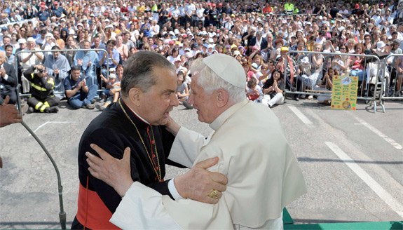 Pope Benedict XVI embraces Cardinal Carlo Caffarra of Bologna