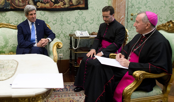 Cardinal-designate Pietro Parolin, Vatican secretary of state, meets with U.S. counterpoint, John Kerry, at Vatican