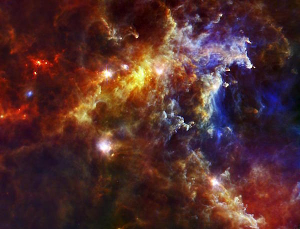 This image from ESA's Herschel Space Observatory shows of a portion of the Rosette nebula, a stellar nursery about 5,000 light-years from Earth in the Monoceros, or Unicorn, constellation.