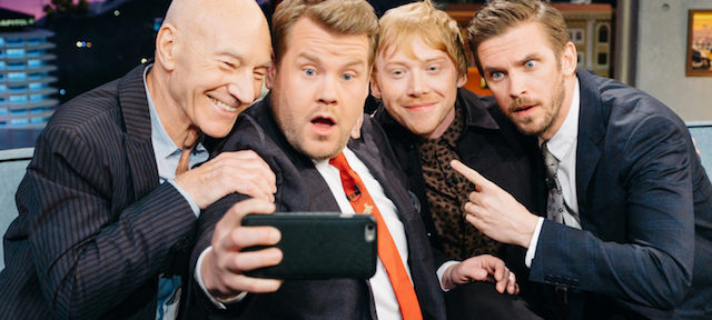 Patrick Stewart, Rupert Grint, and Dan Stevens chat with James Corden during "The Late Late Show with James Corden," Monday, March 6, 2017 (12:35 PM-1:37 AM ET/PT) On The CBS Television Network. Photo: Terence Patrick/CBS é2017 CBS Broadcasting, Inc. All Rights Reserved