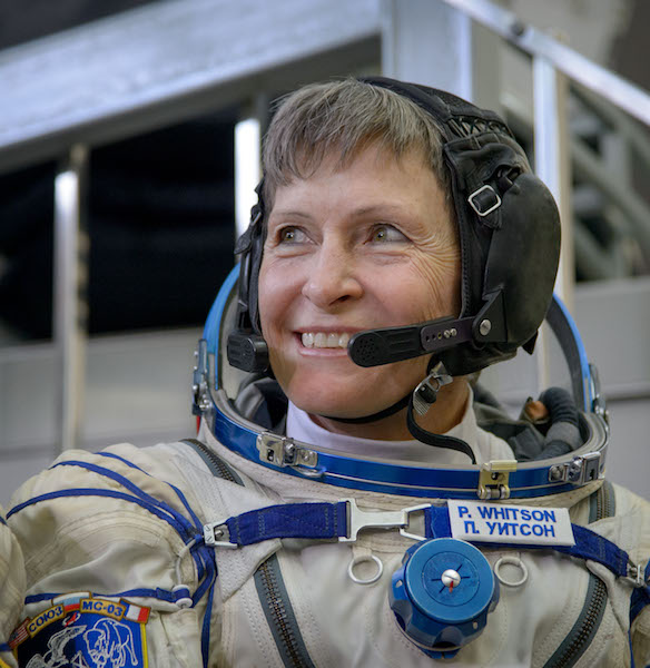 Expedition 50 NASA astronaut Peggy Whitson smiles as she listens to a reporter's question ahead of the final qualification exams with fellow crew mates Russian cosmonaut Oleg Novitskiy of Roscosmos and ESA astronaut Thomas Pesquet, Tuesday, Oct. 25, 2016, at the Gagarin Cosmonaut Training Center (GCTC) in Star City, Russia. Photo Credit: (NASA/Bill Ingalls)