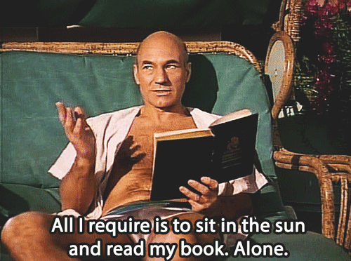 Geek Girl Authority Labor Day Activities and Ideas Pool Side GIF of Sir Patrick Stewart as Captain Jean-Luc Picard on Risa Star Trek: The Next Generation S4E19 Captain's Holiday