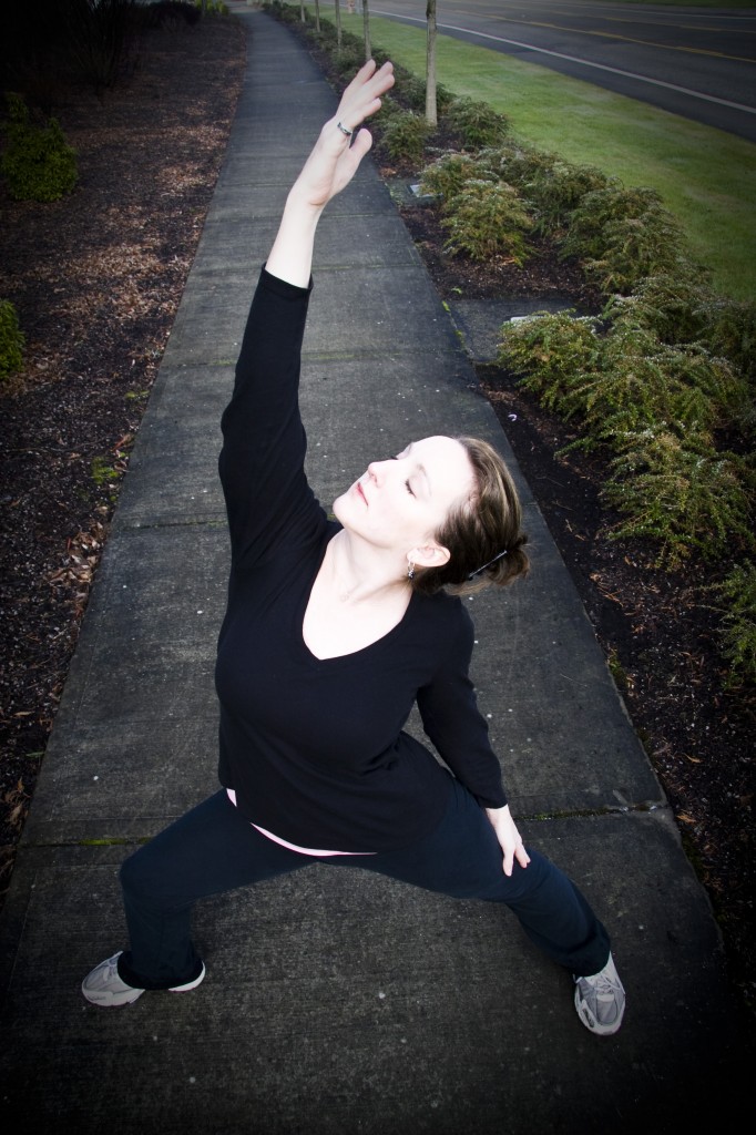 Yoga Reverse Warrior Pose at Fit2B Studio for pregnant moms Bethany Learn, Founder of Fit to Be Studio