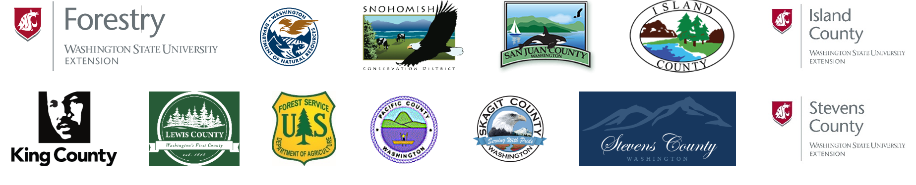 The logos of Washington State University, Washington State Department of Natural Resources, Island County and WSU Extension Island County, King Conservation District, King County, Lewis County, Pacific County, San Juan County, Skagit County, Stevens County, Snohomish Conservation District, USDA Forest Service, Washington State Department of Natural Resources, and the Renewable Resources Extension Act.
