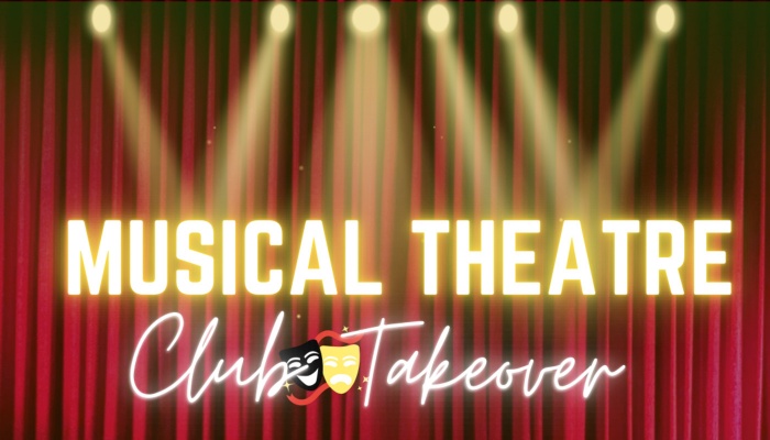 Red stage curtain with spotlights and text reading "Musical Theatre Club Takeover" with drama masks.