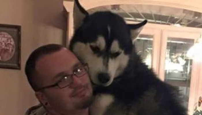 A smiling man with glasses hugging a large husky resting its head against his cheek.