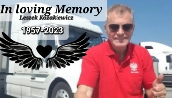 Memorial graphic for Leszek Kozakiewicz (1957-2023) giving a thumbs up in front of a white semi-truck.