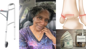 Collage of a smiling woman, a medical walker, an illustration of a fractured ankle, and a donation jar with cash.