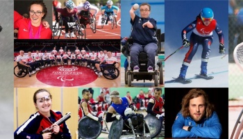 Collage of Paralympic athletes competing in adaptive sports including wheelchair racing, skiing, and shooting.